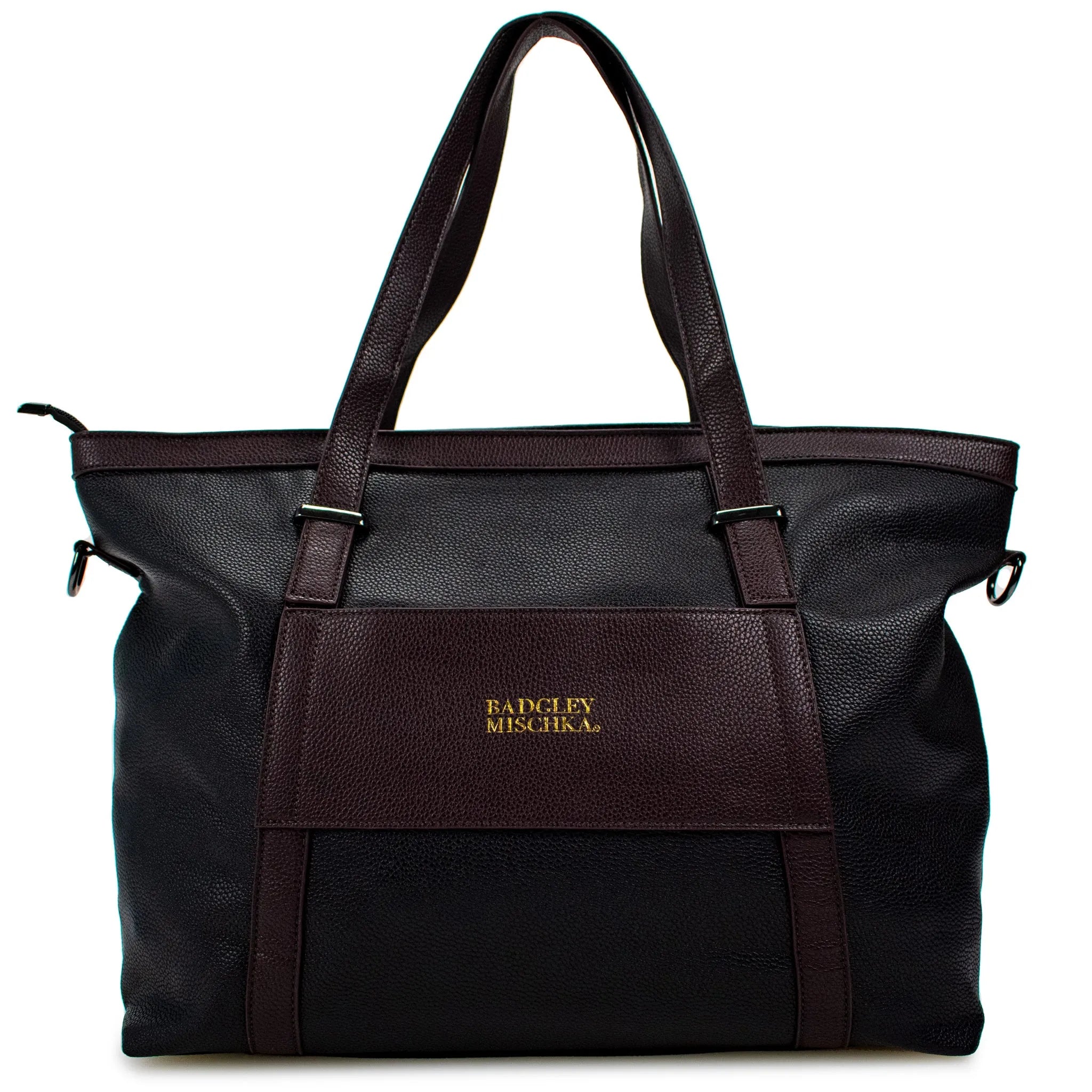 Black handbag with brown accents on a white background