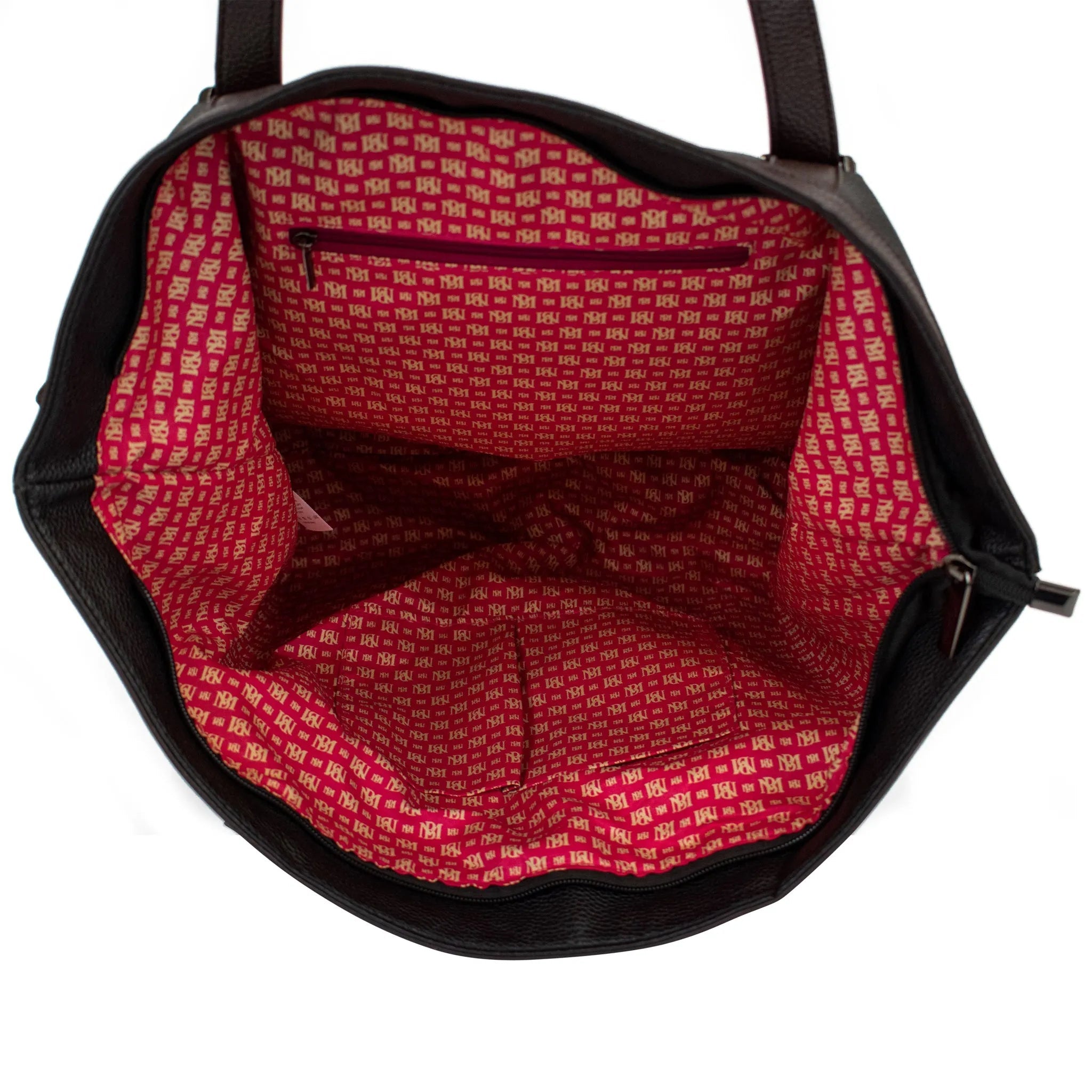 Red interior lining with yellow text pattern of a bag on a white background