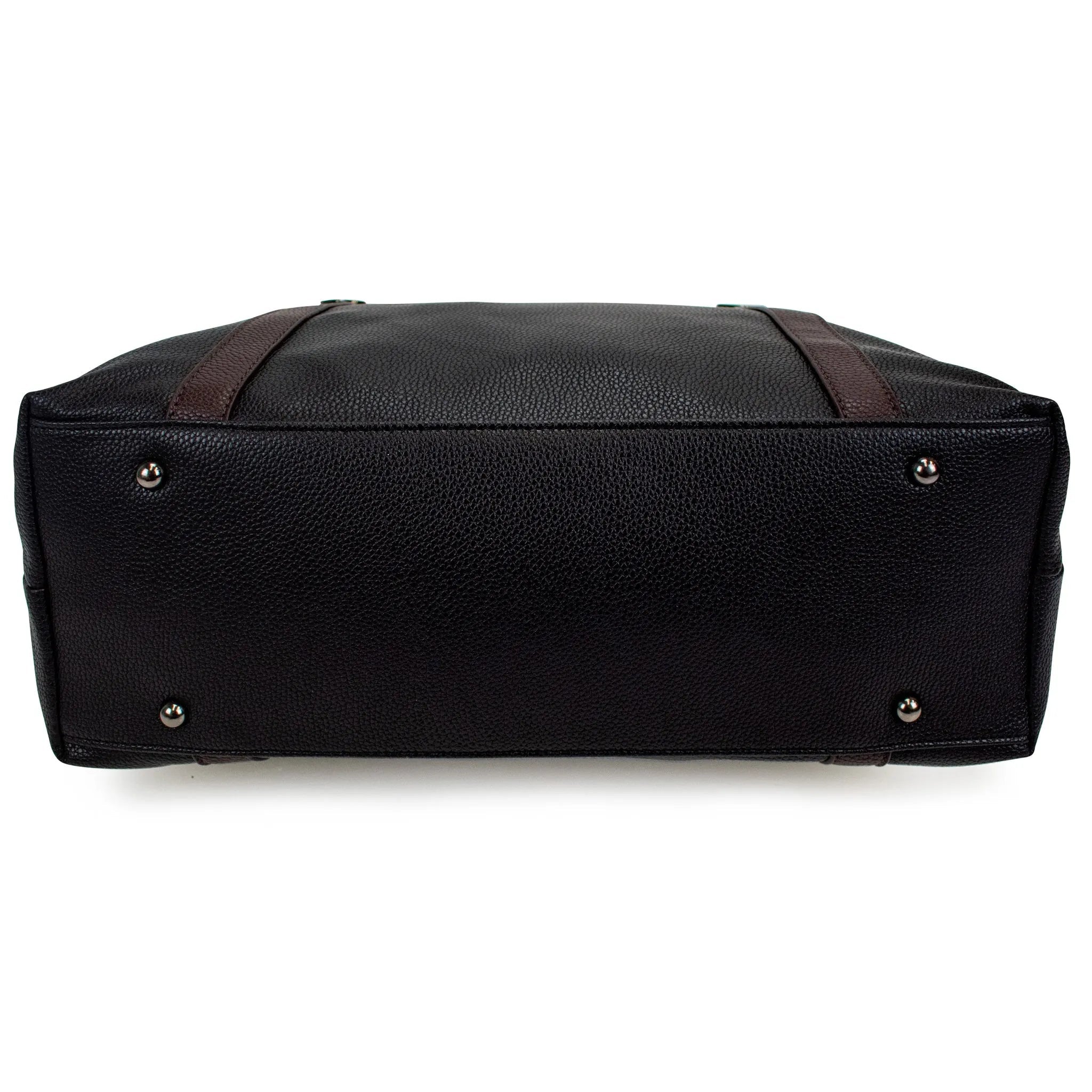 Black leather bag with brown straps on a white background
