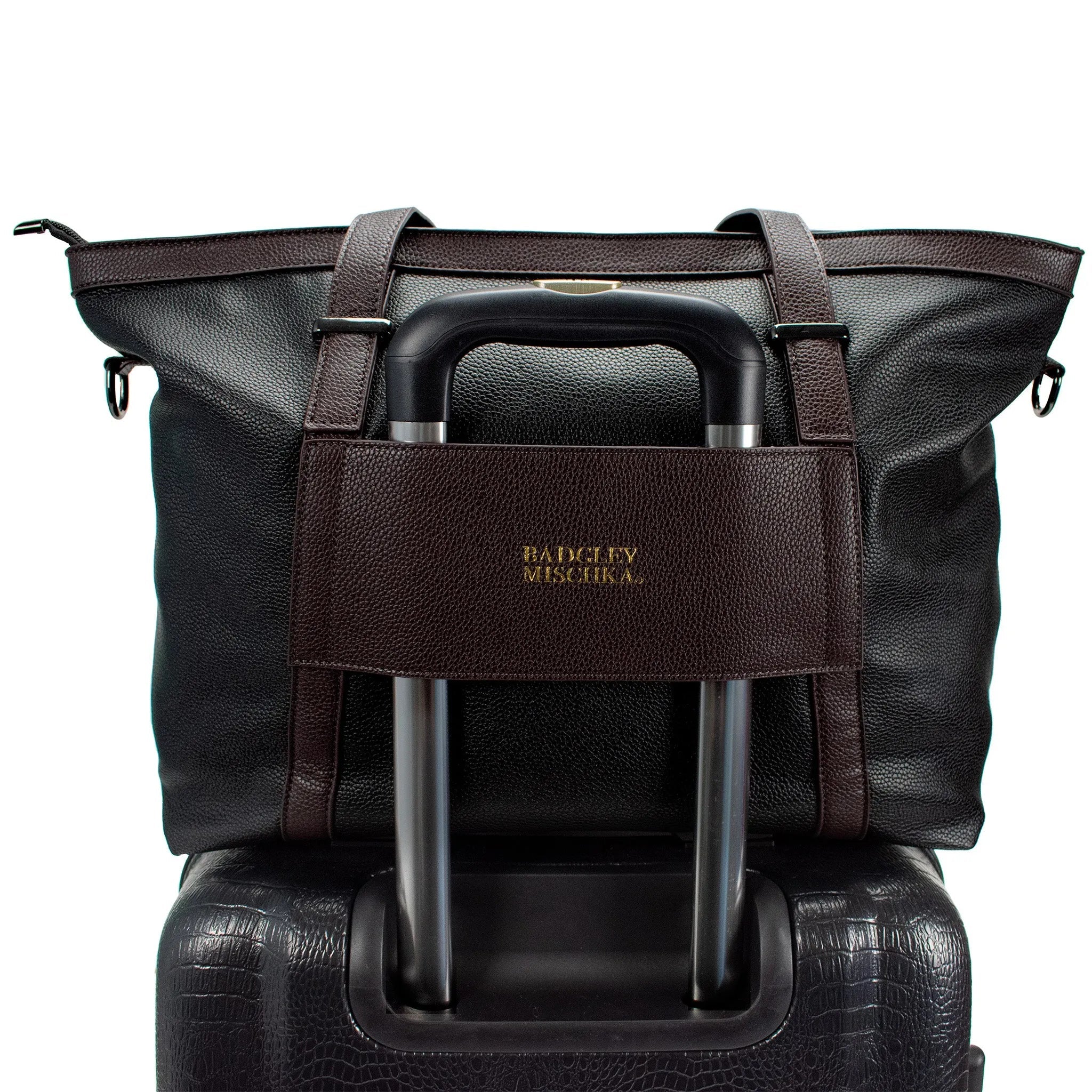 Black leather bag with a handle and visible Radley logo on a white background