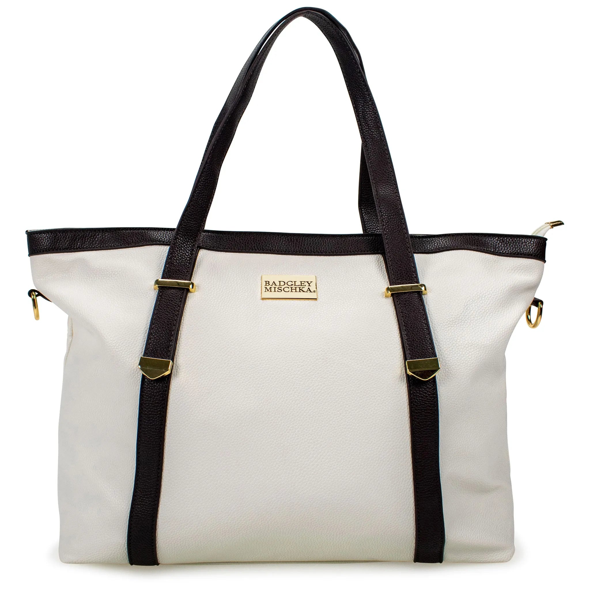 White tote bag with black straps and a visible brand label on a white background