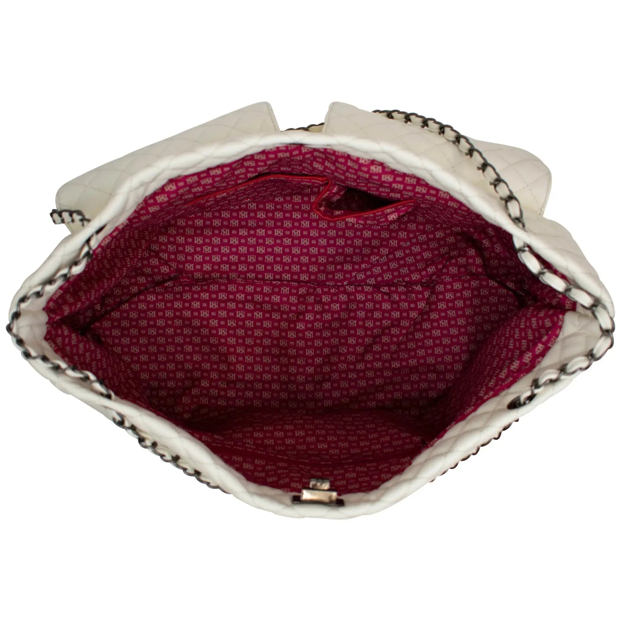 Open handbag showing red interior with white exterior and chain detail.