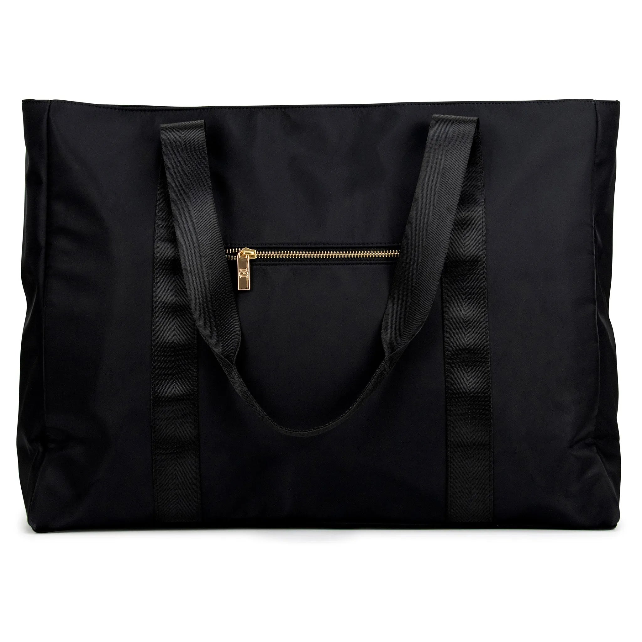 Black tote bag with a gold zipper on a white background