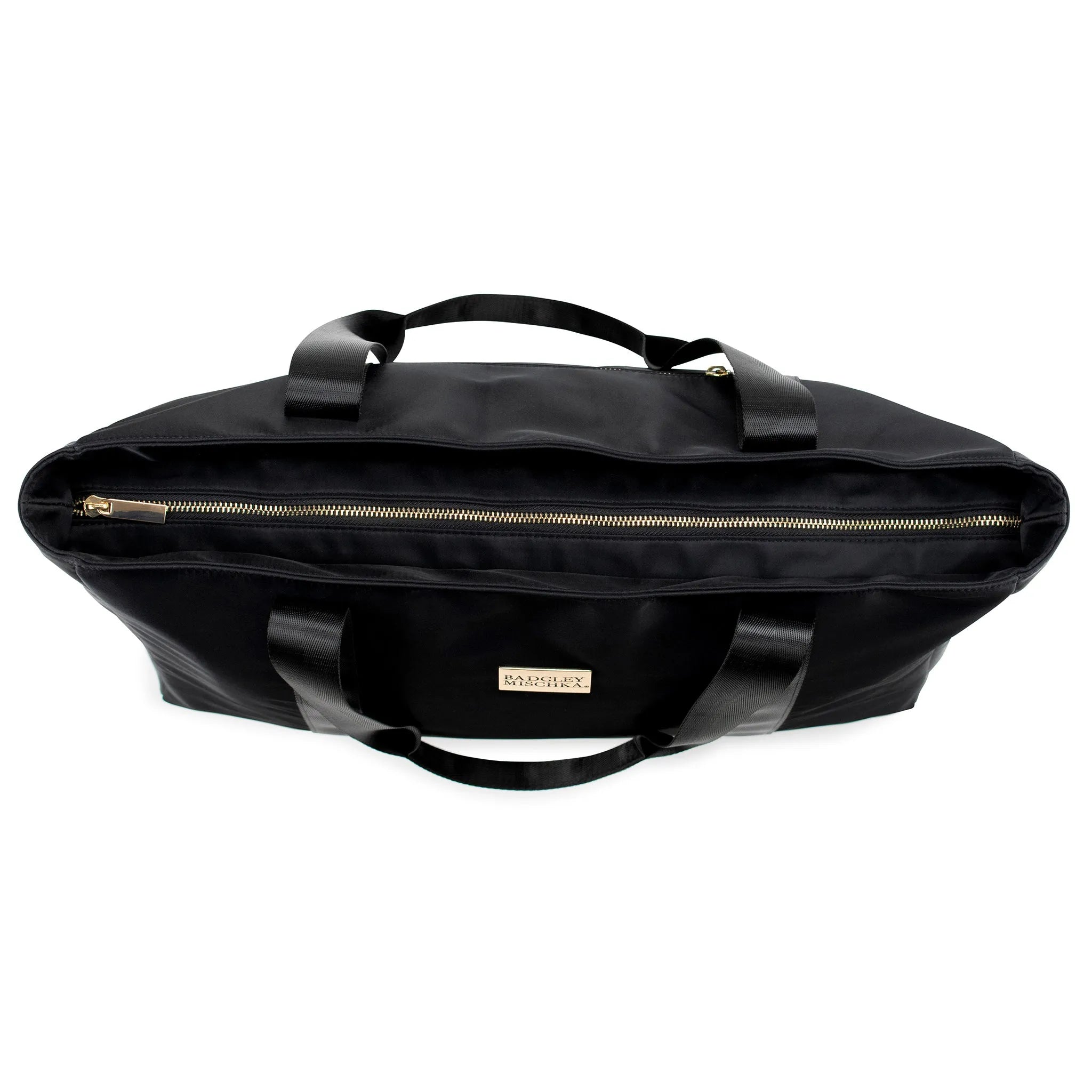 Black duffel bag with gold zipper on a white background