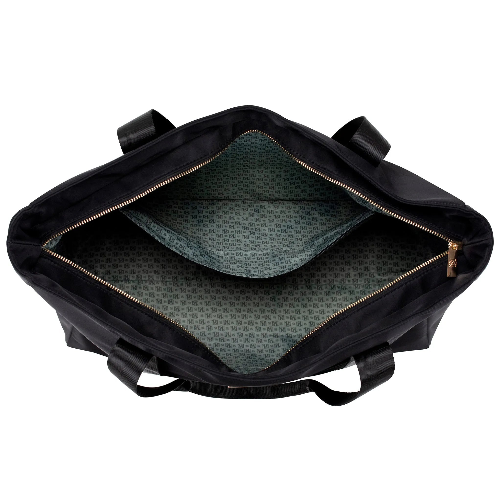 Black travel bag with green interior lining on a white background
