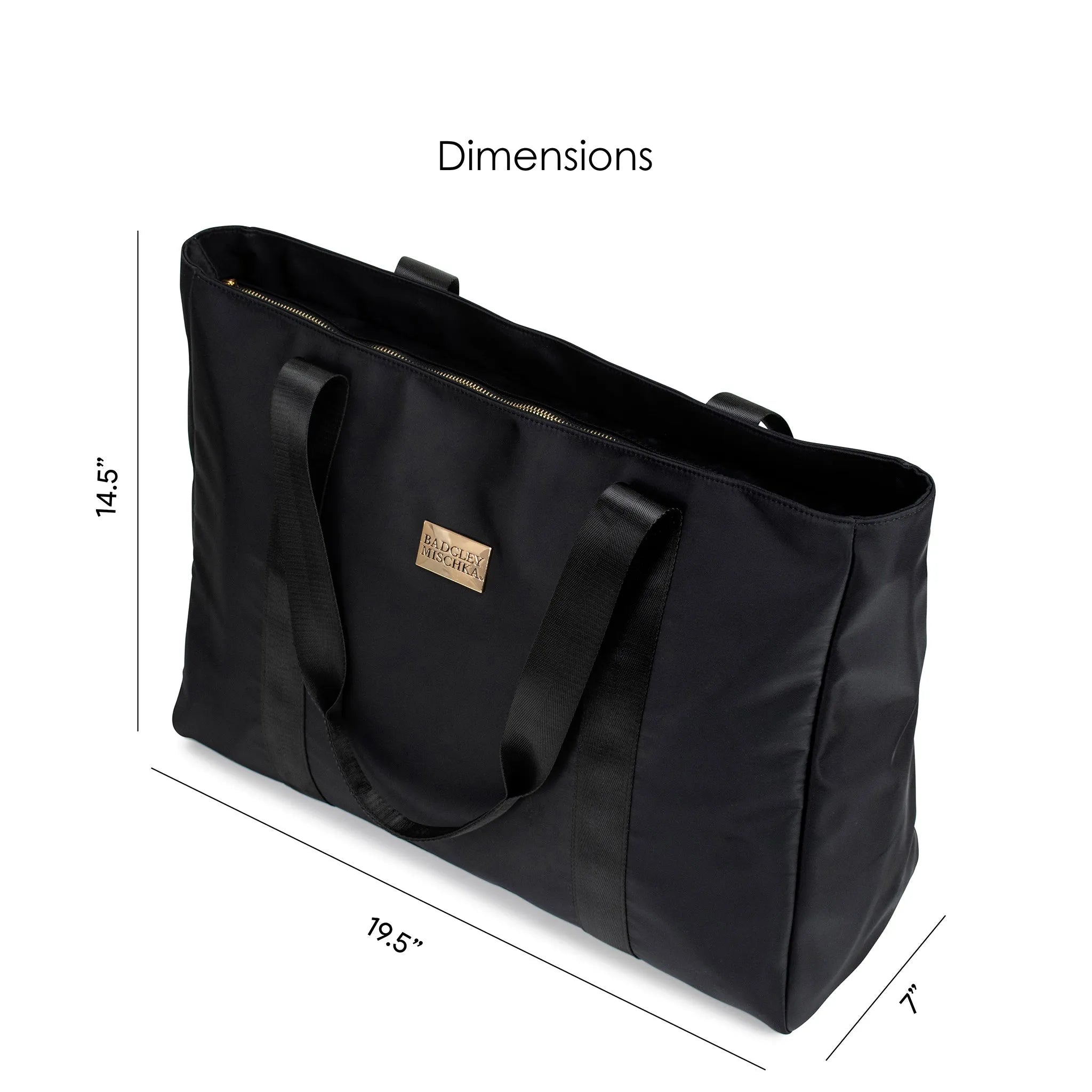 Black tote bag with dimensions labeled on a white background