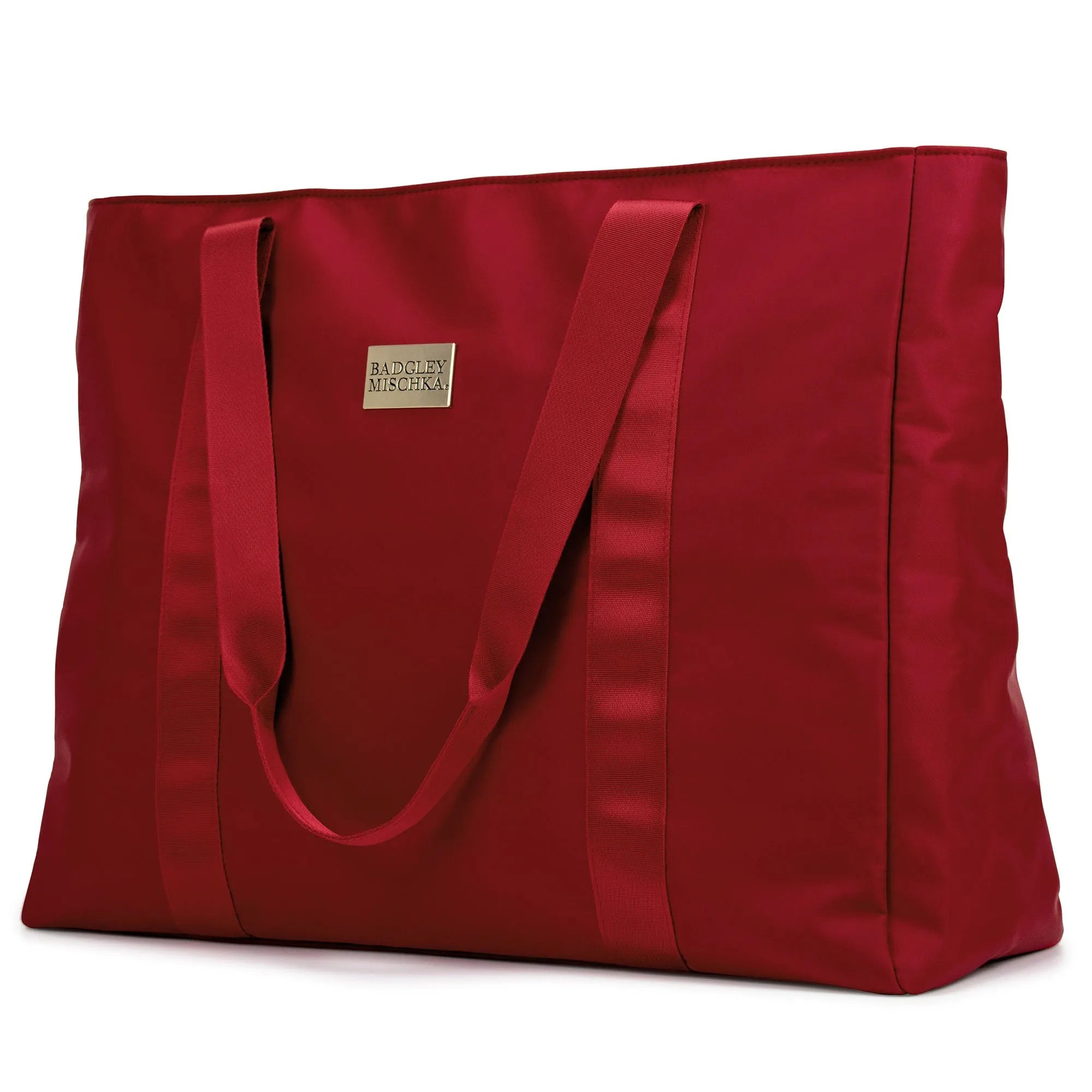 Red tote bag with a visible brand logo on a white background