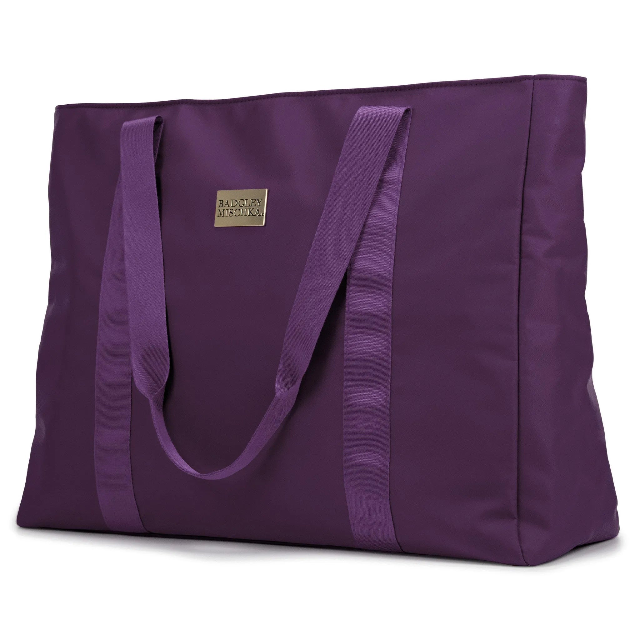 Purple tote bag with a visible brand logo on a white background