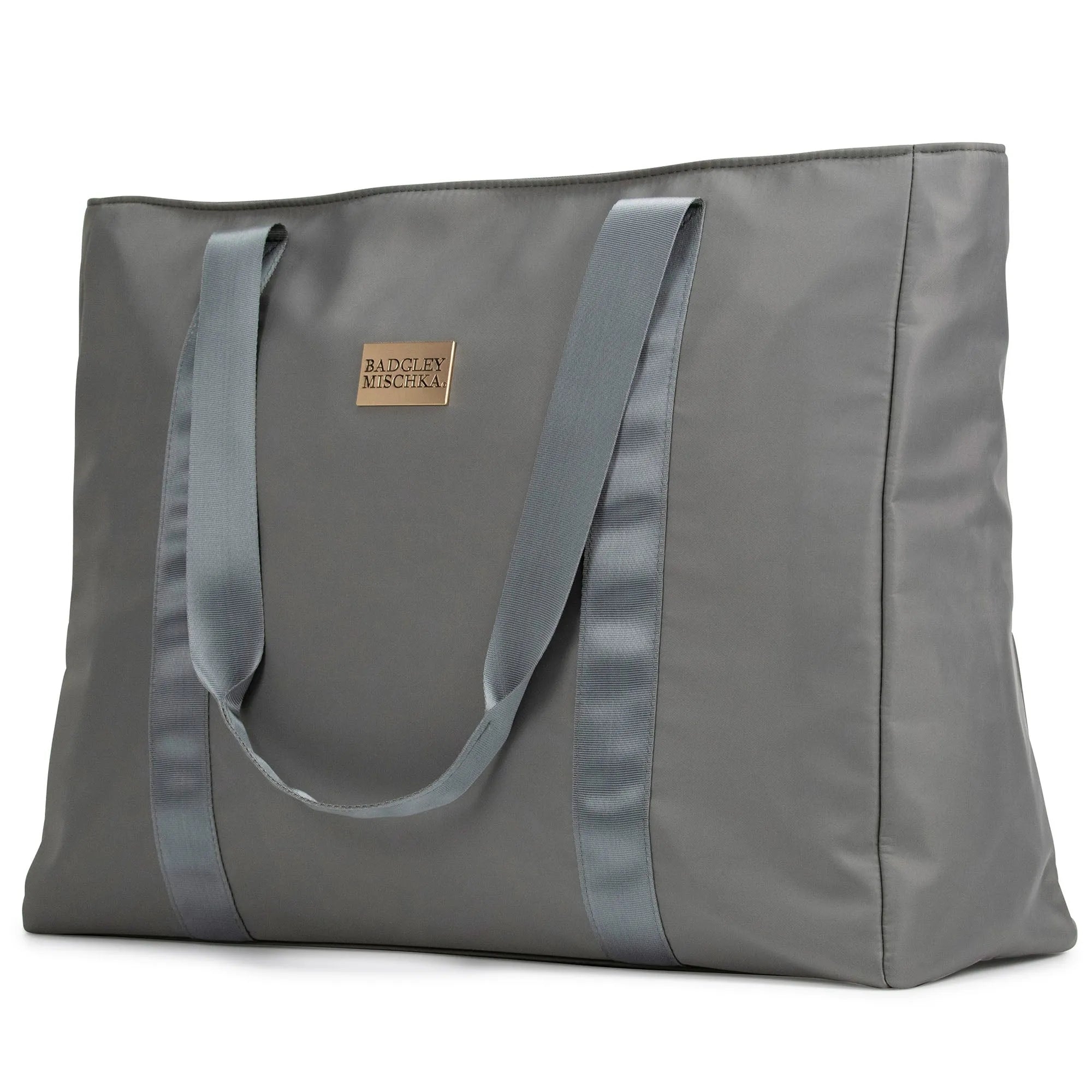 Gray tote bag with a visible brand logo on a white background