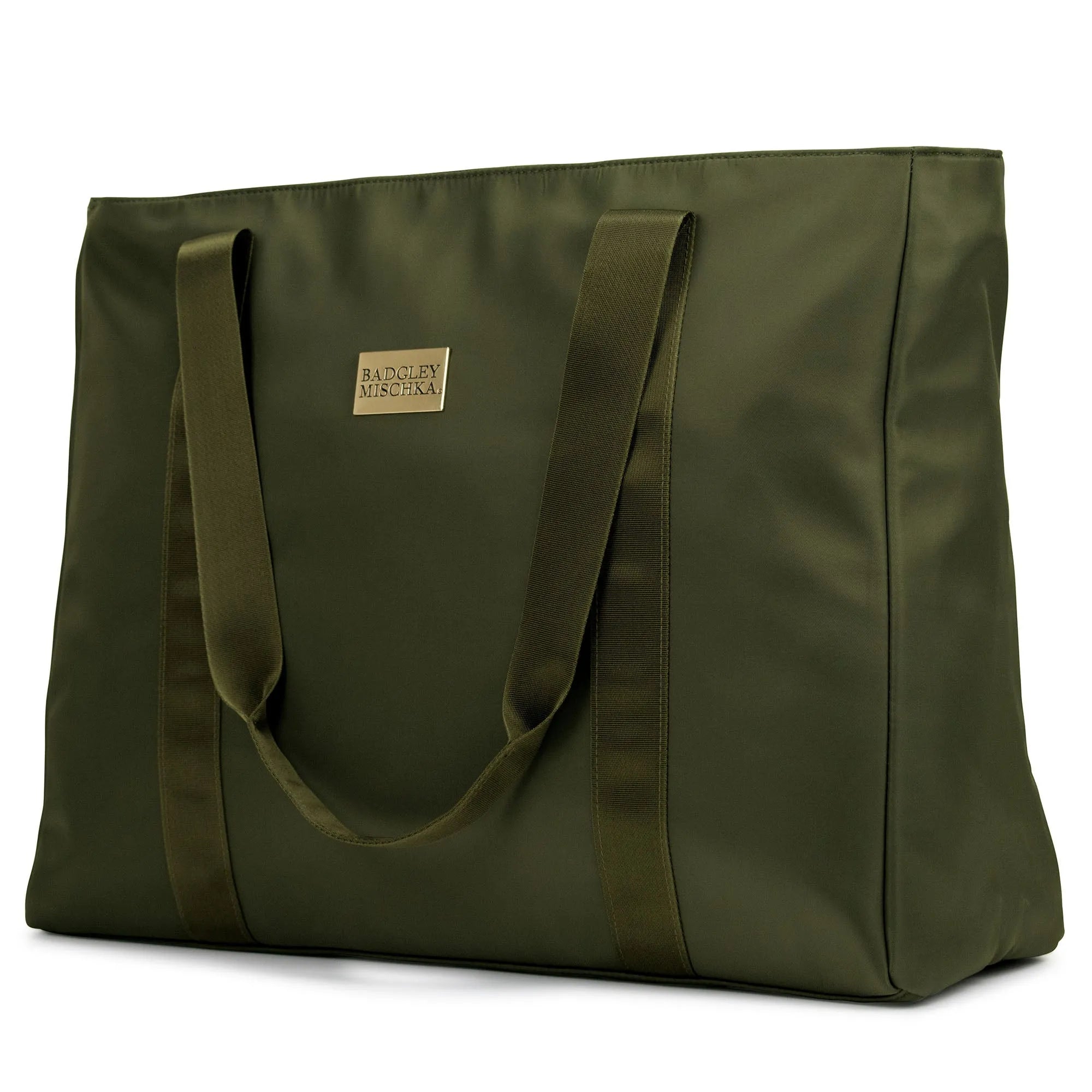 Green tote bag with a visible brand logo on a white background