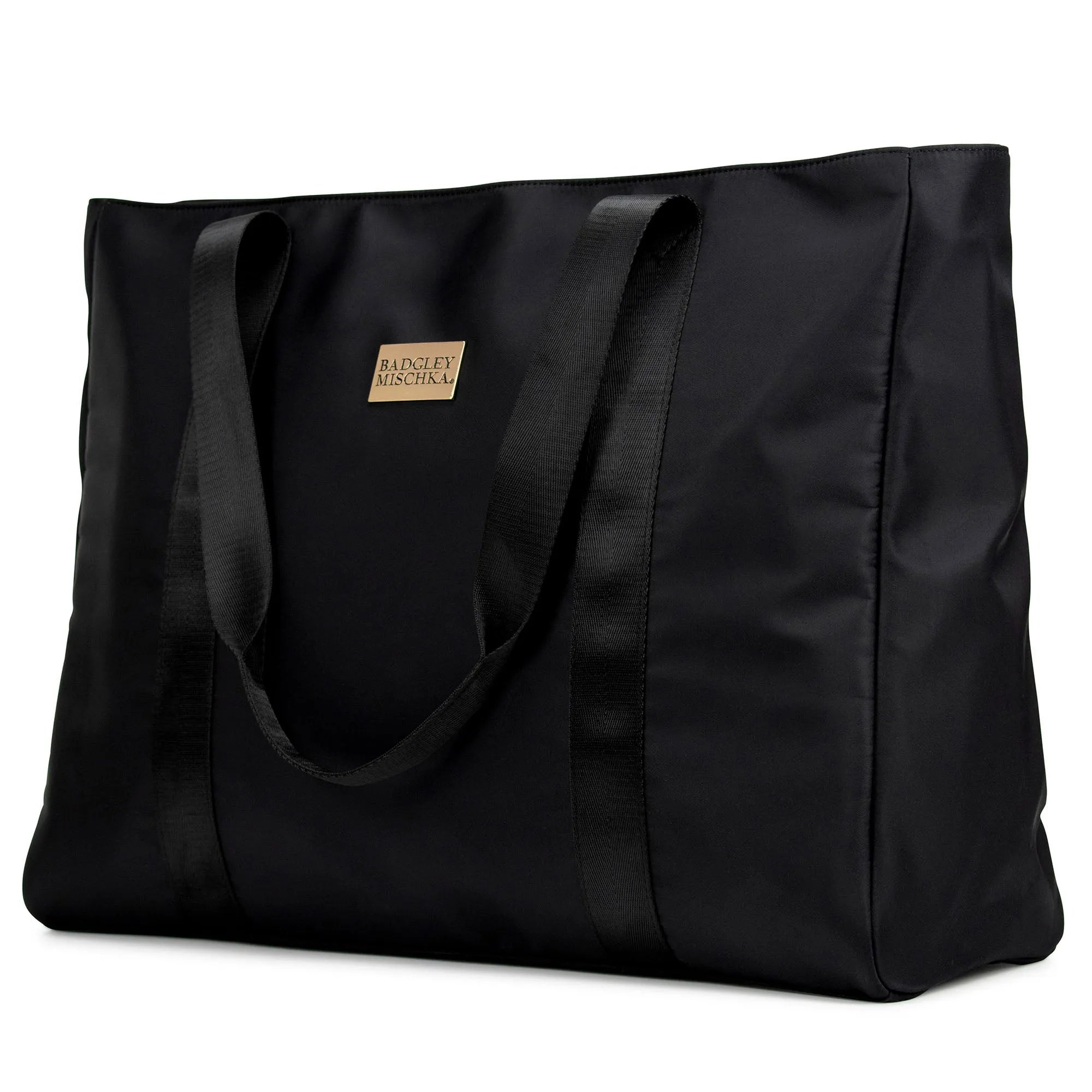 Black tote bag with a visible brand logo on a white background