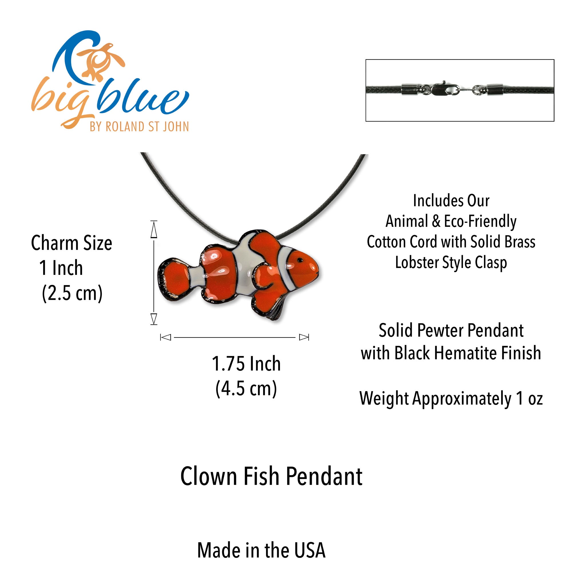 Clown fish pendant necklace with product details on a white background