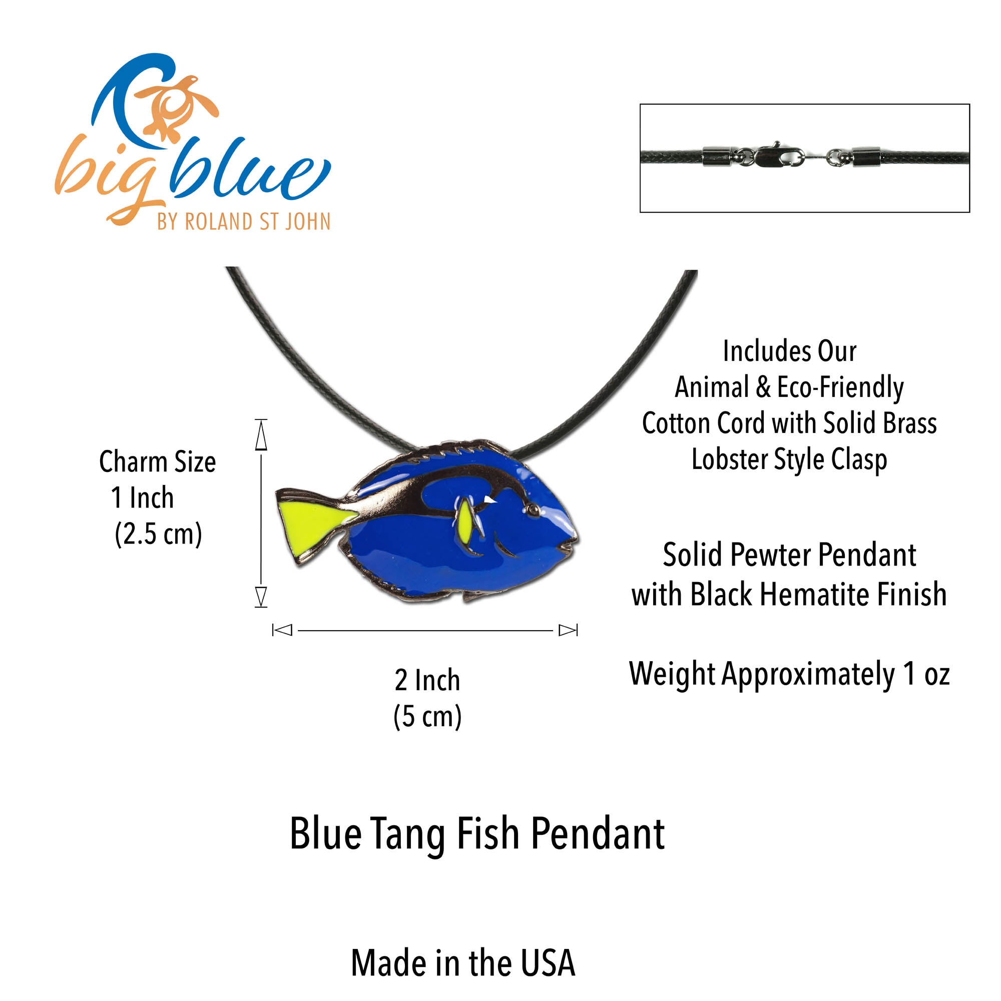 Blue Tang Fish Pendant with necklace details on a white background