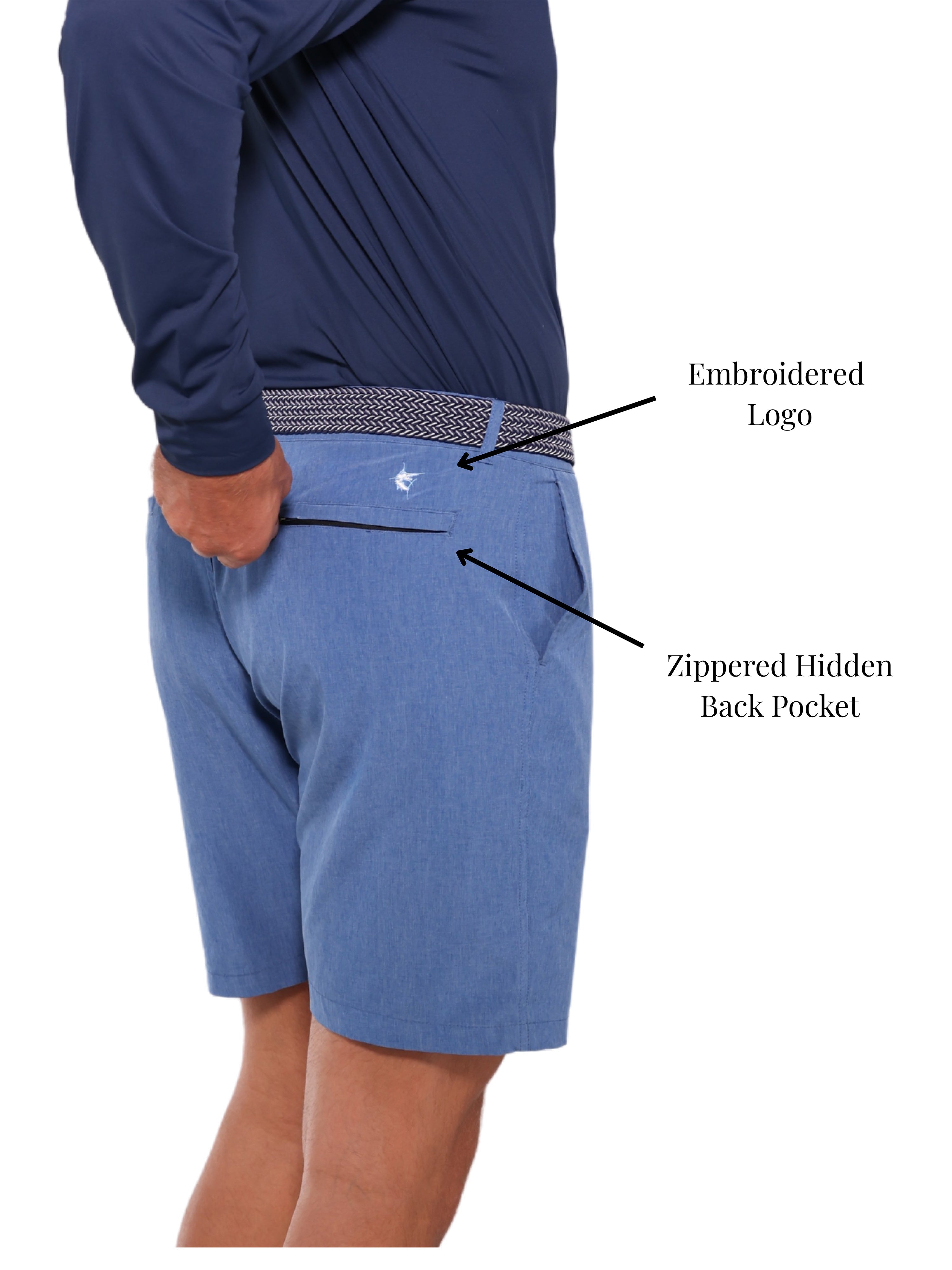 Blue athletic shorts with a zipped hidden back pocket and embroidered logo on a white background