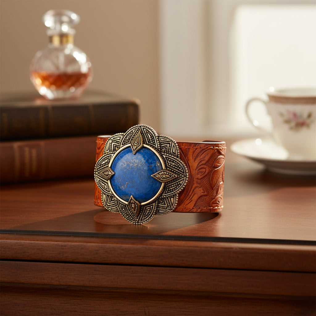 Decorative bracelet with blue stone and brown leather strap on a white background
