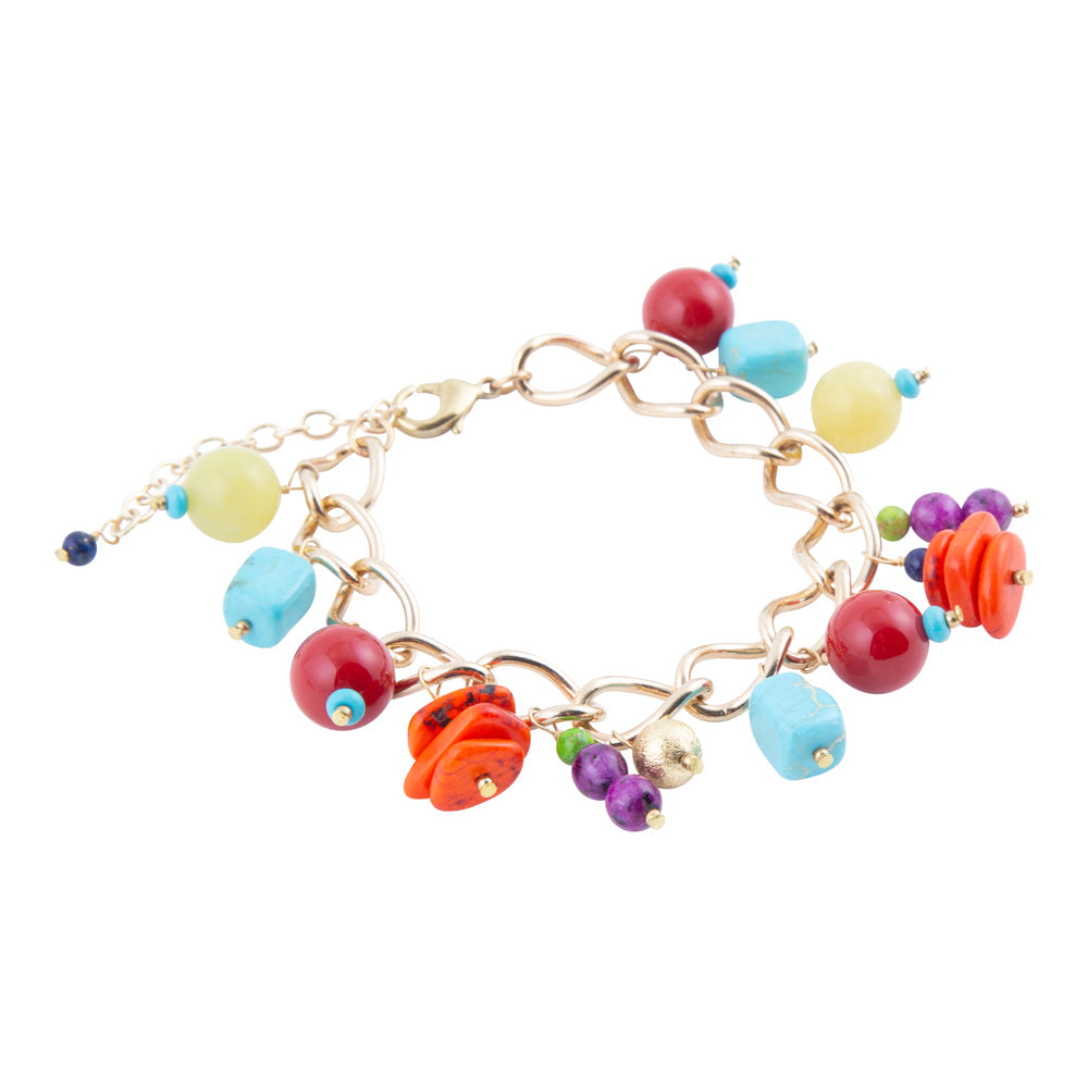 A gold-tone charm bracelet featuring colorful glass beads in red, light blue, yellow, orange, purple, and green, displayed on a clean white background.