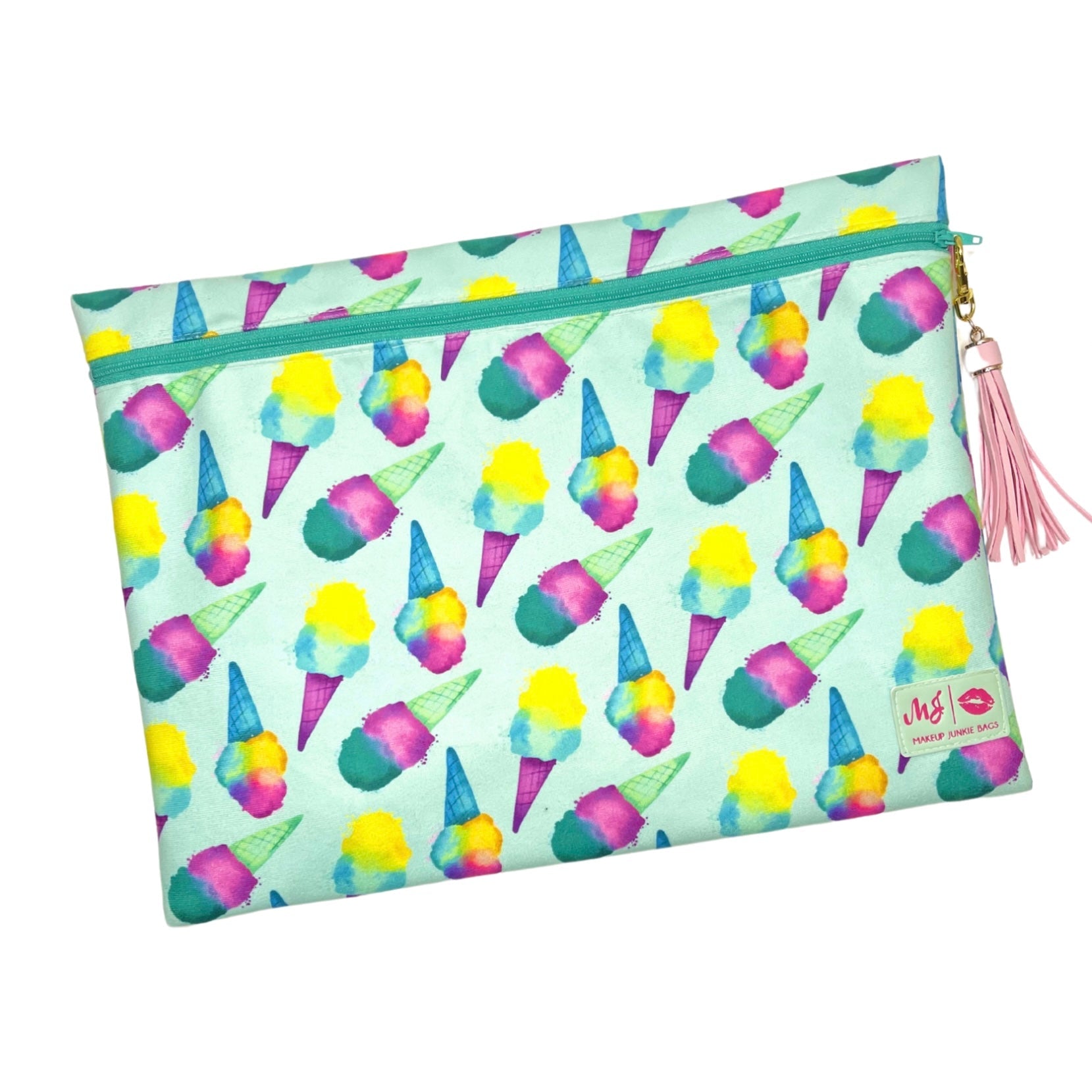 Pouch with colorful ice cream cone pattern on a light blue background