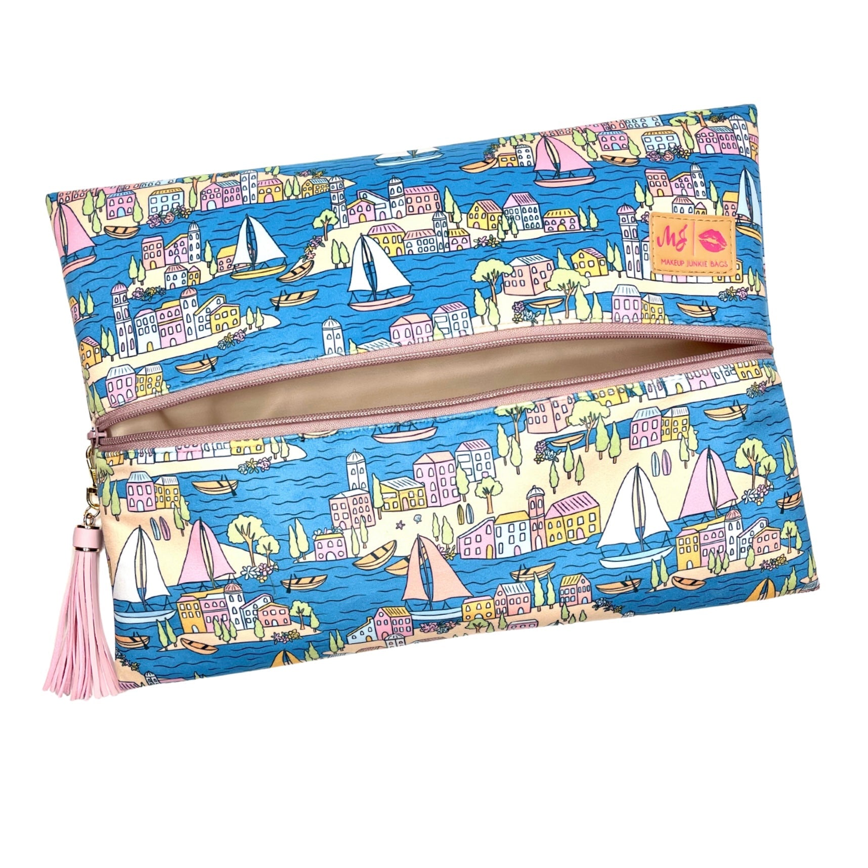 Clutch bag with a colorful cityscape design on a white background