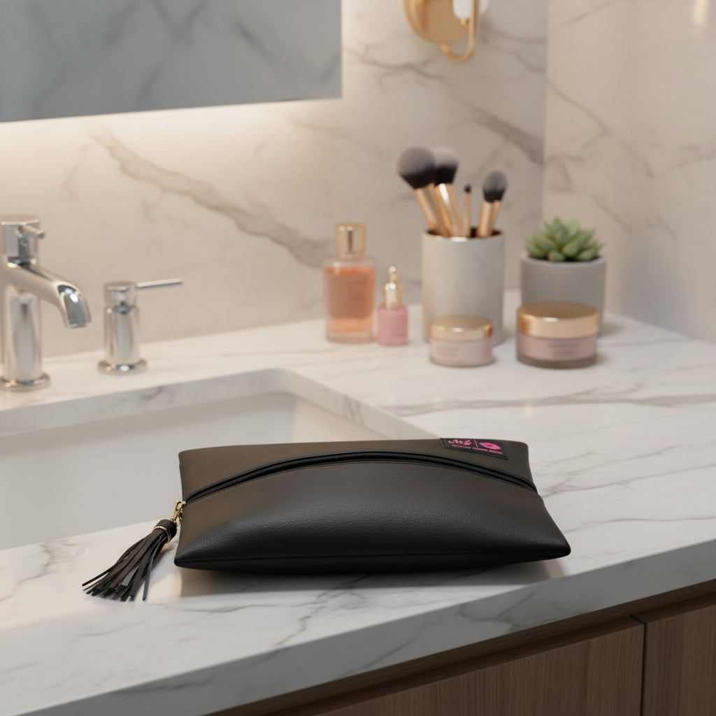 Black clutch bag with a brand logo on a light gray background