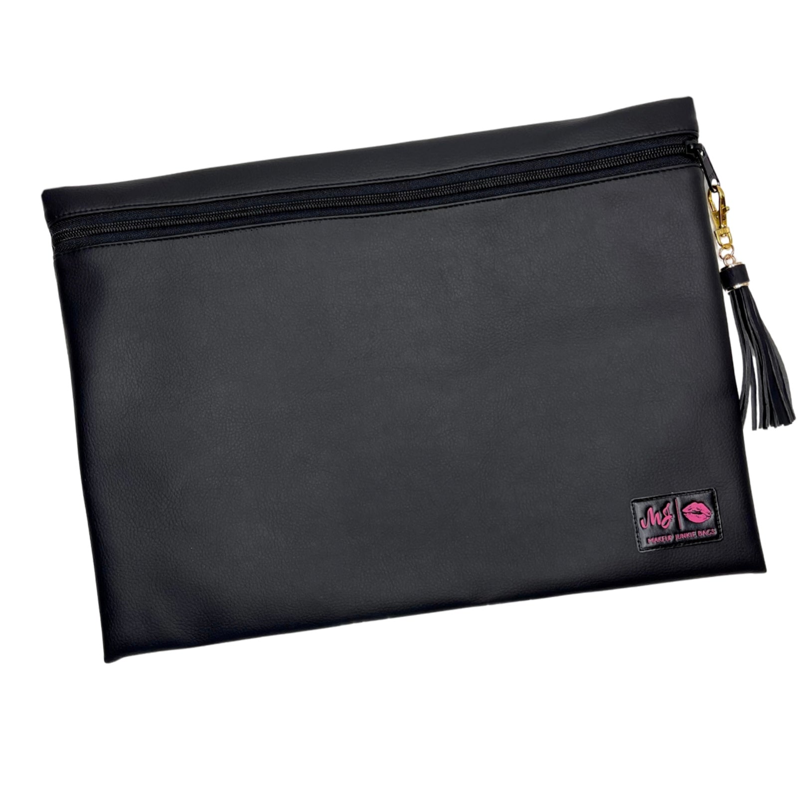 Black pouch with a tassel and visible brand logo on a white background