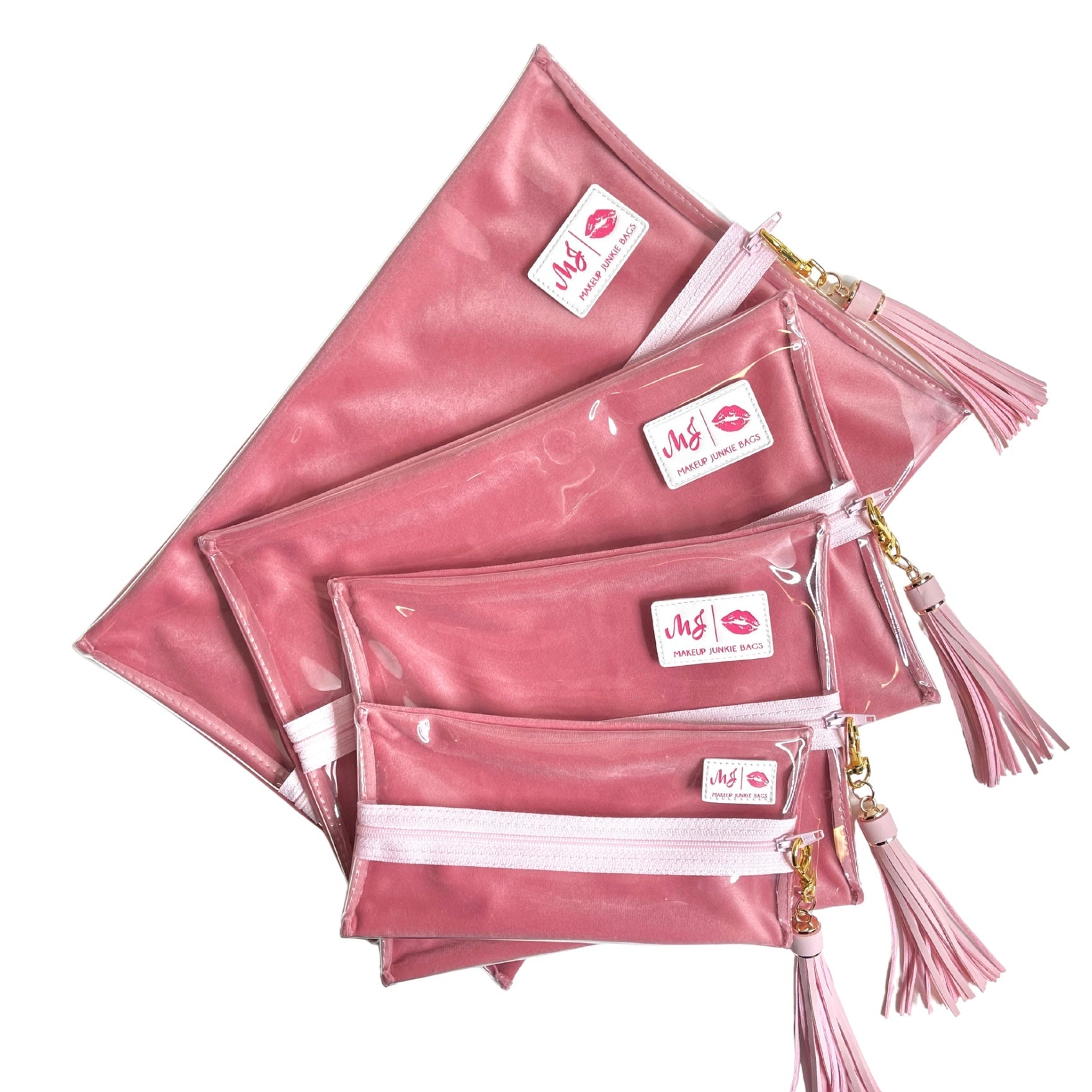 Set of pink pouches with visible brand logo on a white background