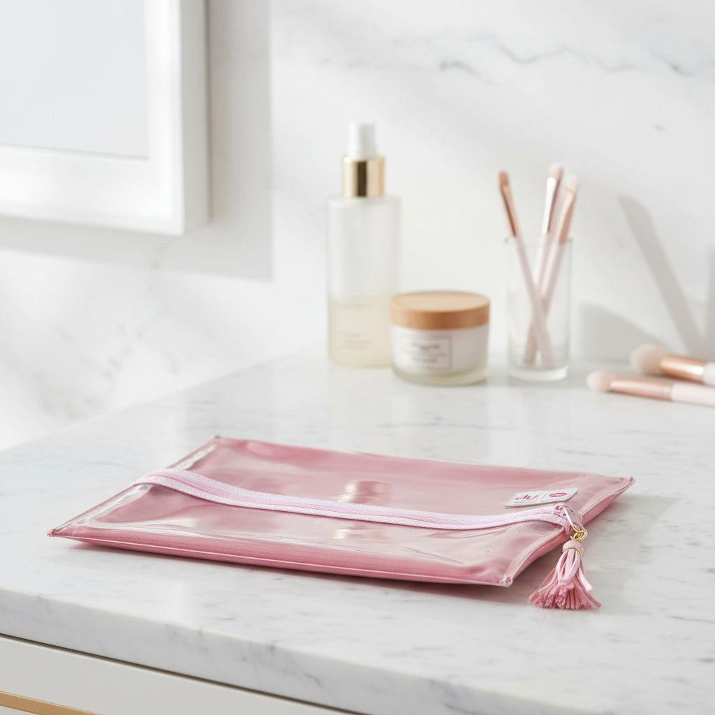 Pink satin pouch with a white zipper and tassel on a white background