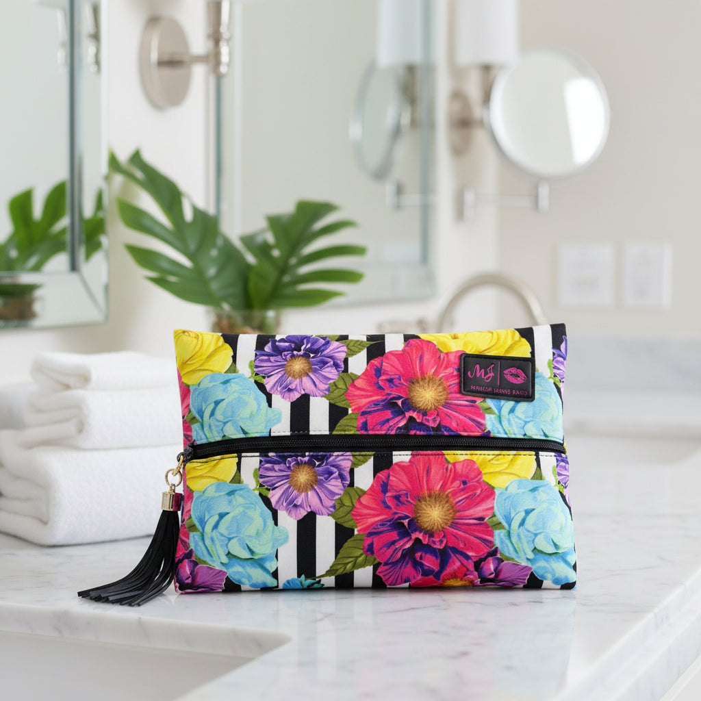Floral makeup bag with black and white striped pattern on a white background