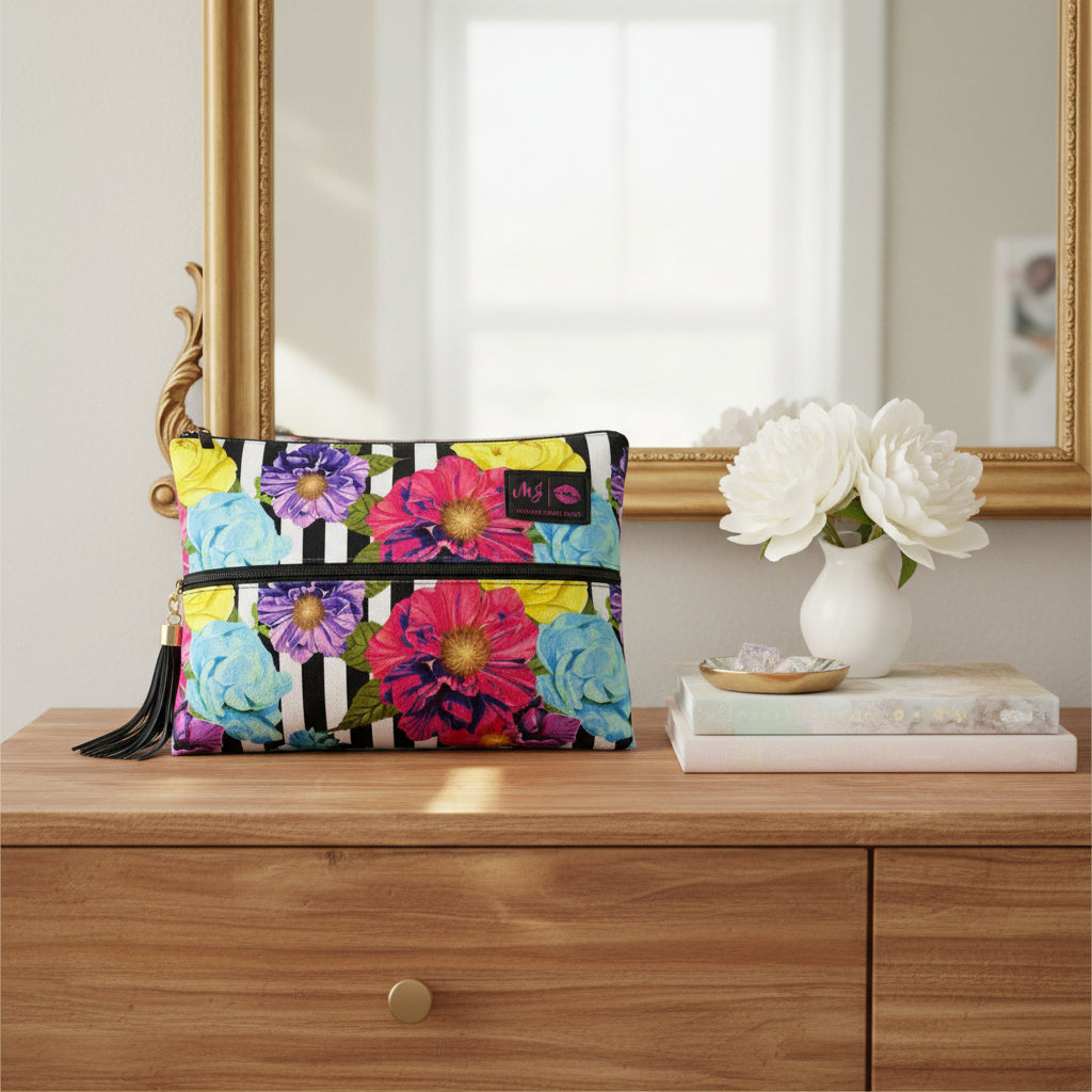 Floral makeup bag with black and white striped pattern on a white background