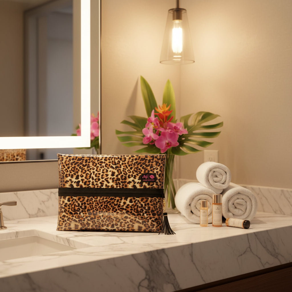 Leopard print pouch with a black zipper and tassel on a white background