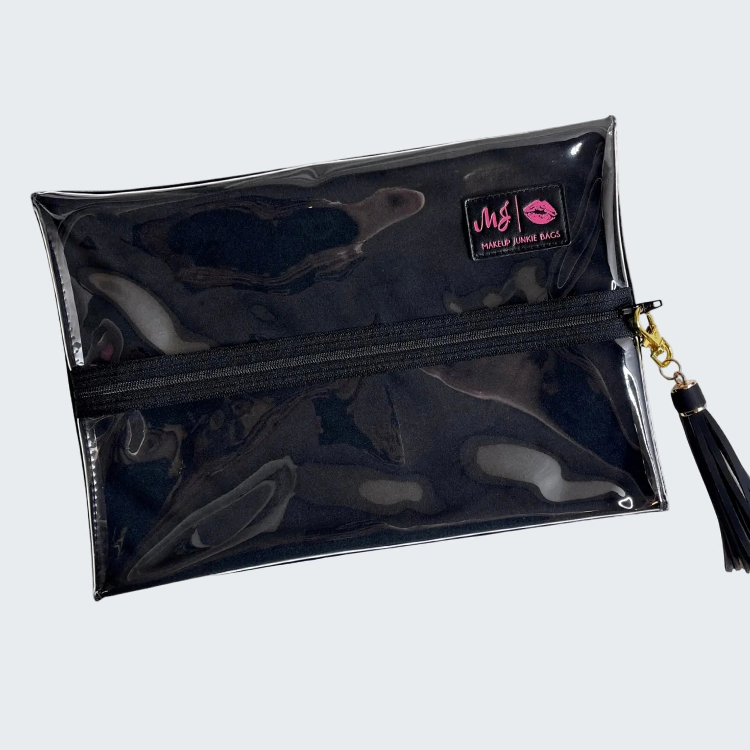 Black makeup bag with a visible brand logo on a white background
