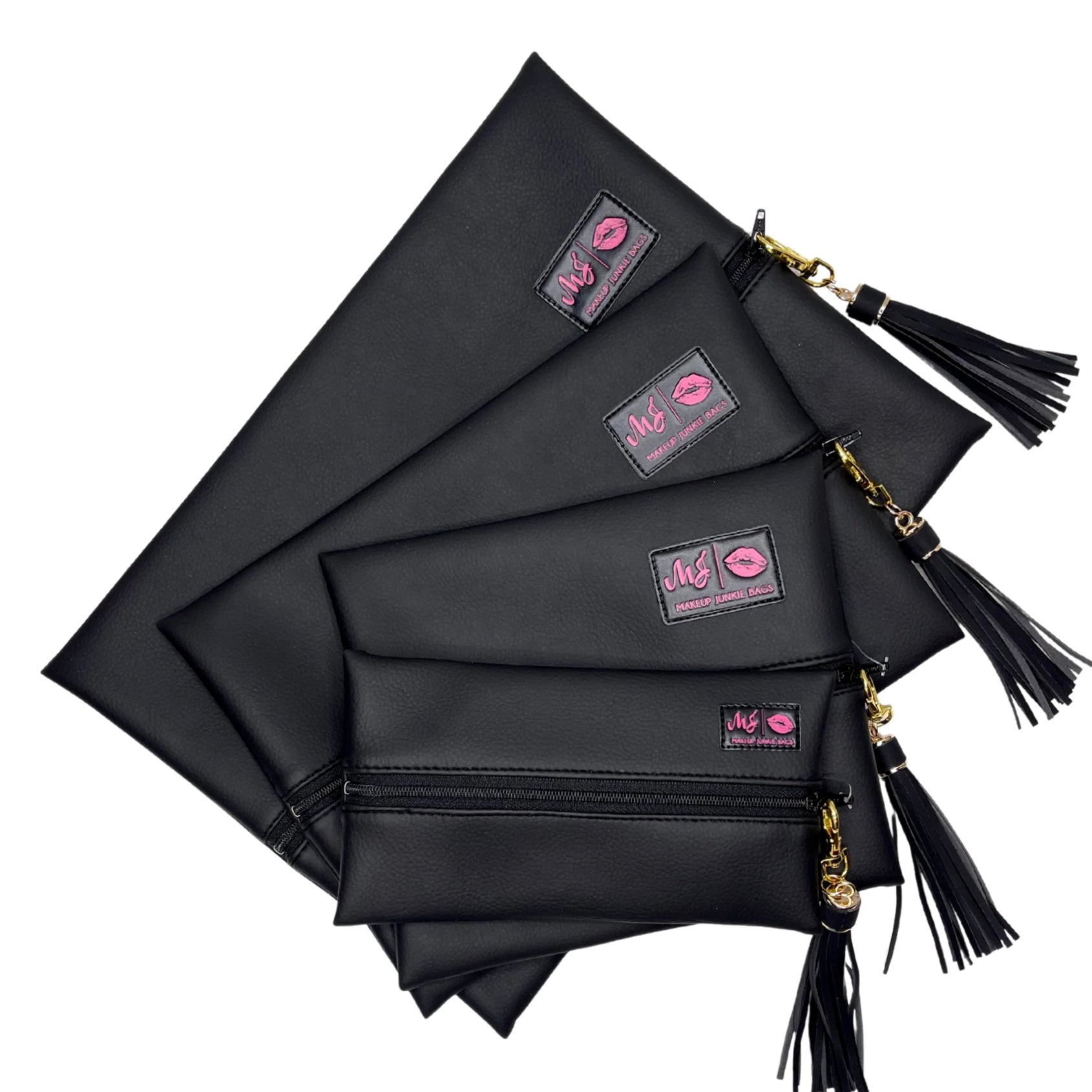 Set of black pouches with tassels and visible brand logo on a white background