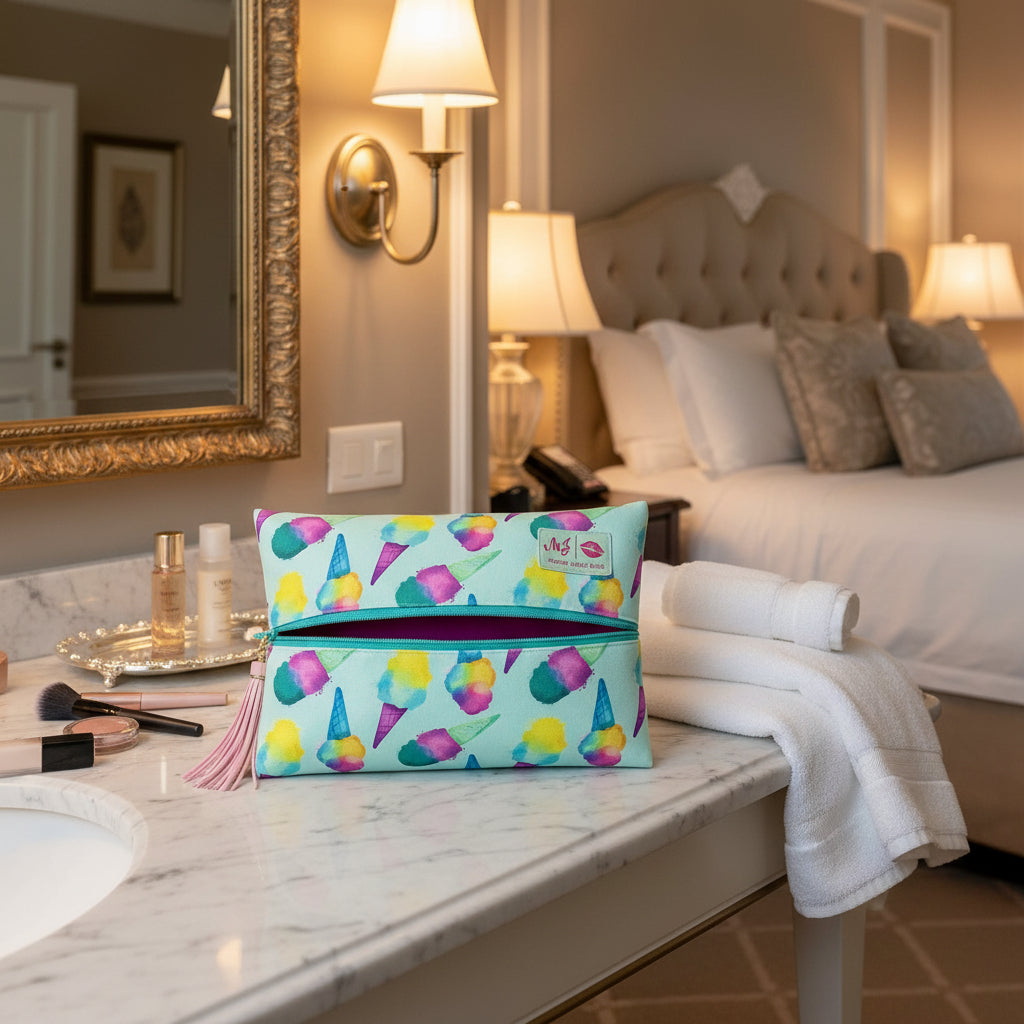 Colorful makeup bag with ice cream cone pattern on a white background