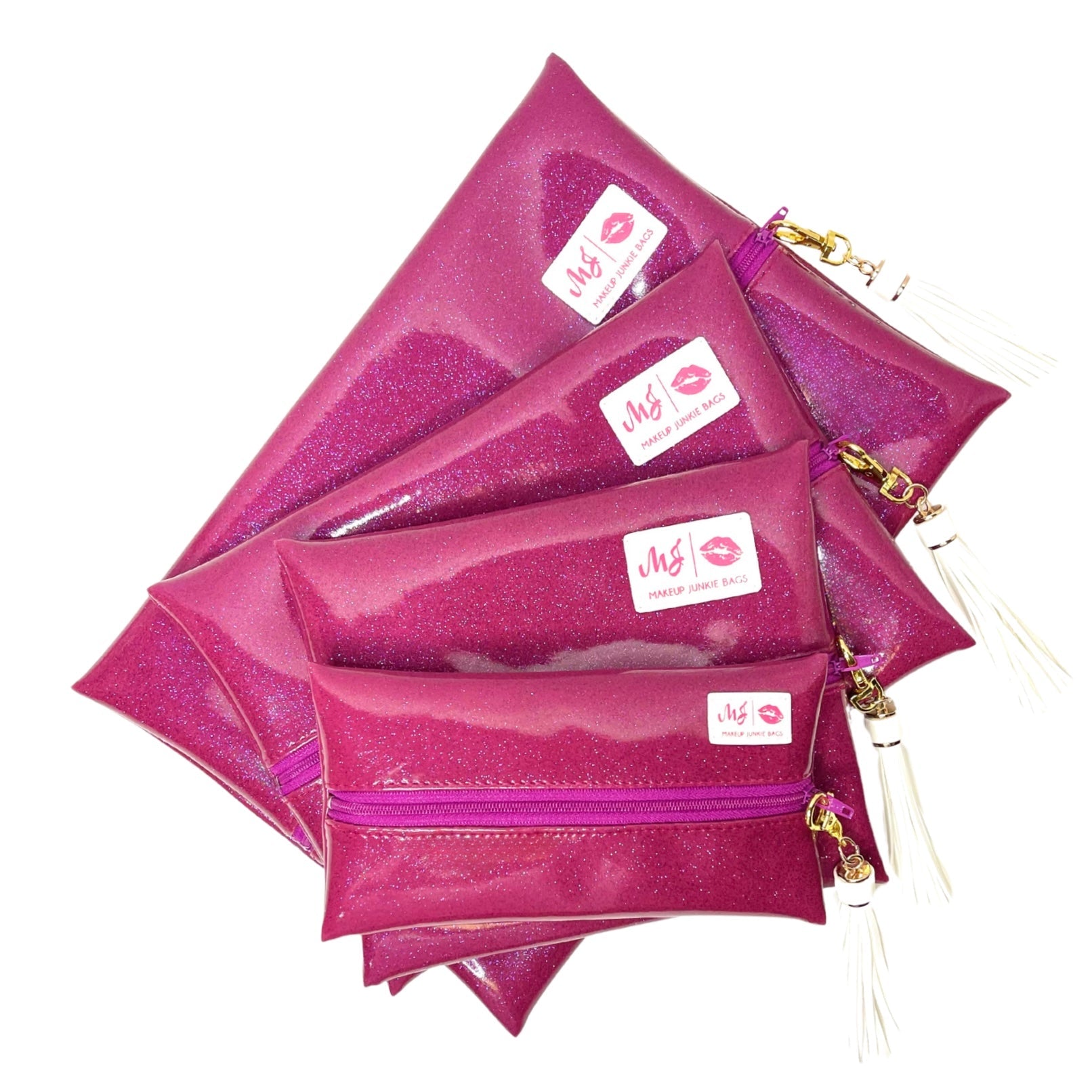 Stack of pink makeup bags with visible brand logo on a white background