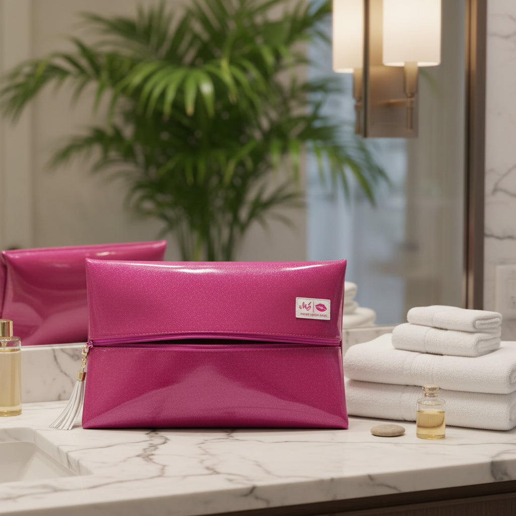 Pink clutch bag with a visible brand logo on a white background