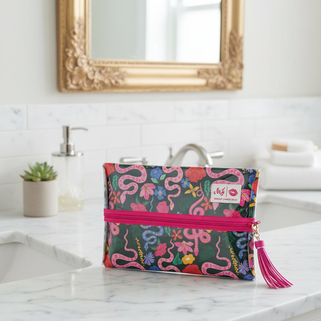 Makeup bag with colorful snake and floral pattern on a white background