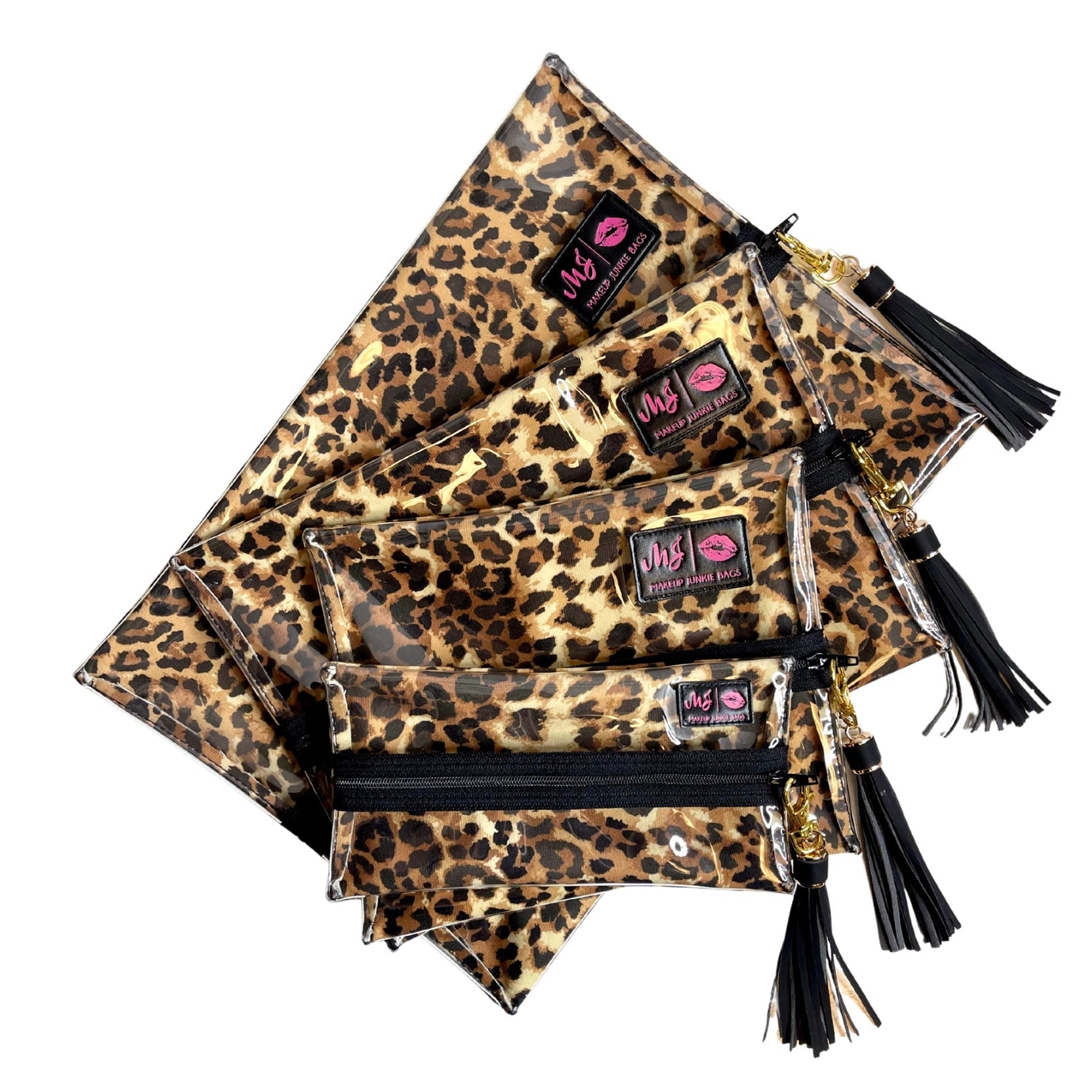 Set of leopard print makeup bags with visible brand logo on a white background