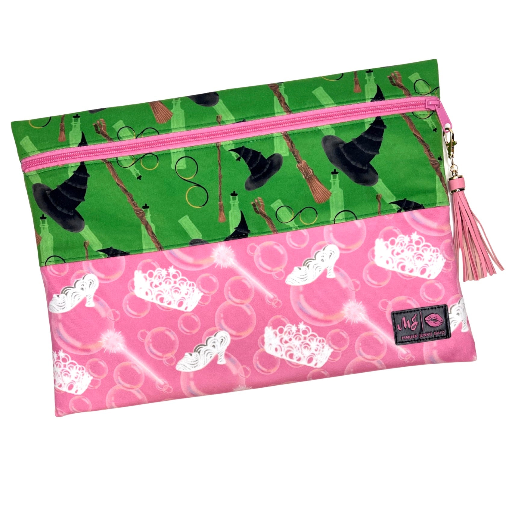 Two pouches with different patterns on a white background