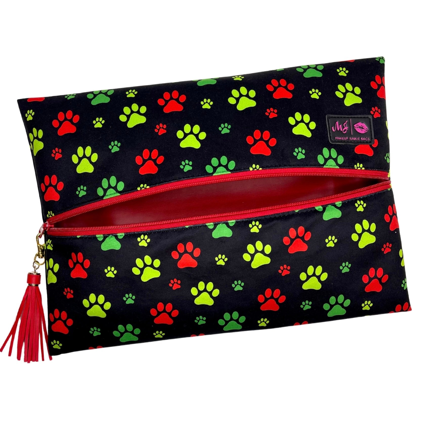 Pouch with colorful paw pattern on a black background