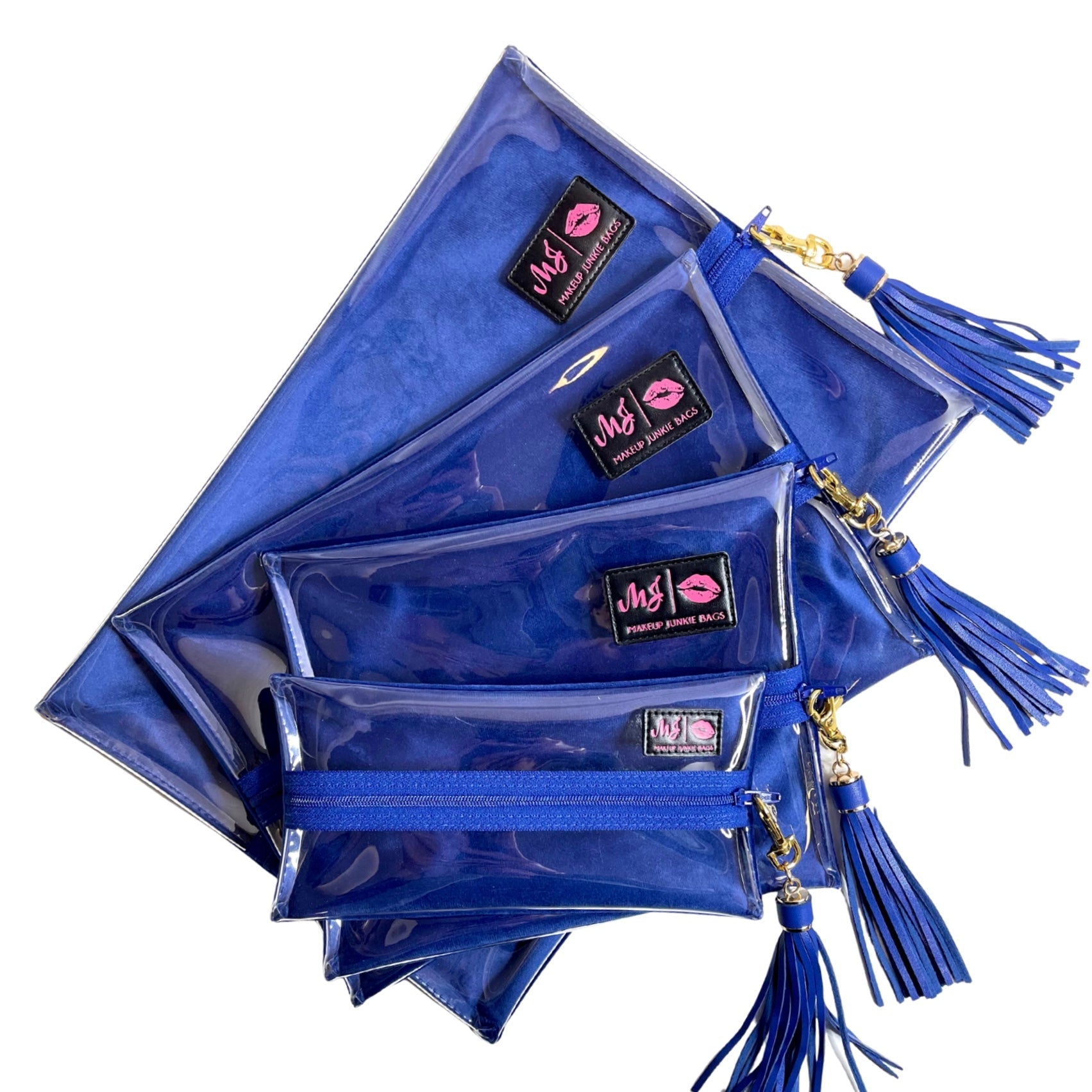 Set of blue pouches with tassels and visible brand logo on a white background