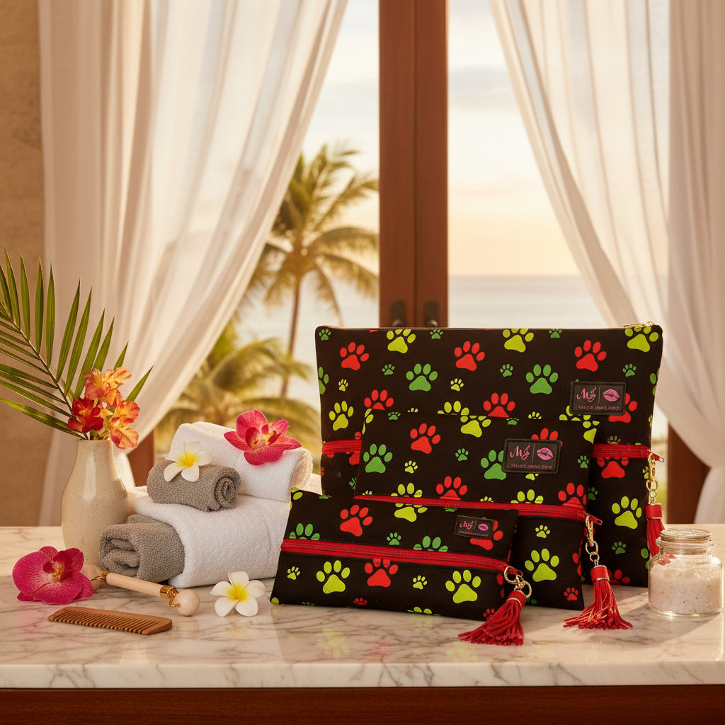 Black bags with colorful paw prints and red tassels on a white background