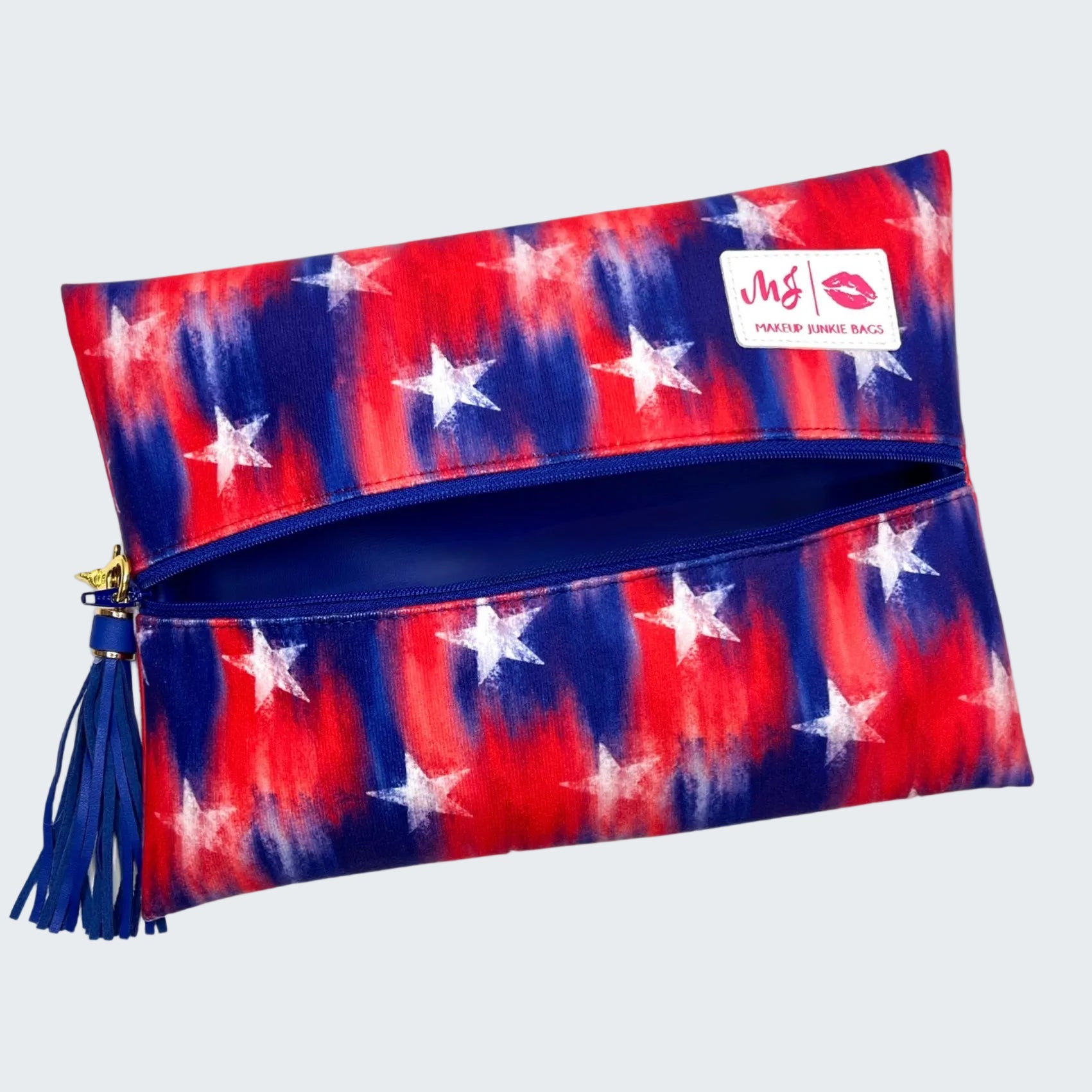 Pouch with American flag design and visible brand logo on a white background