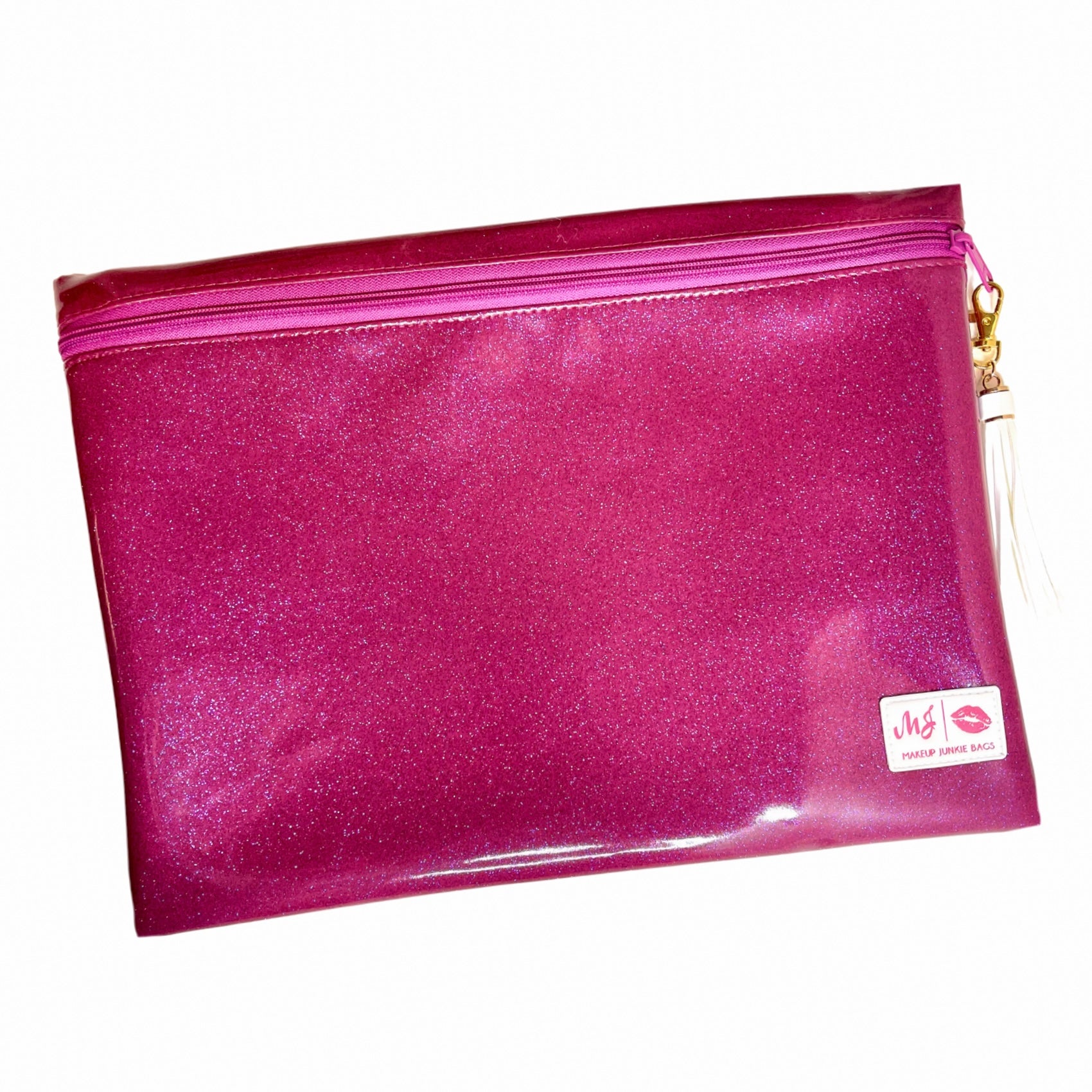 Pink glittery pouch with a visible brand label on a white background