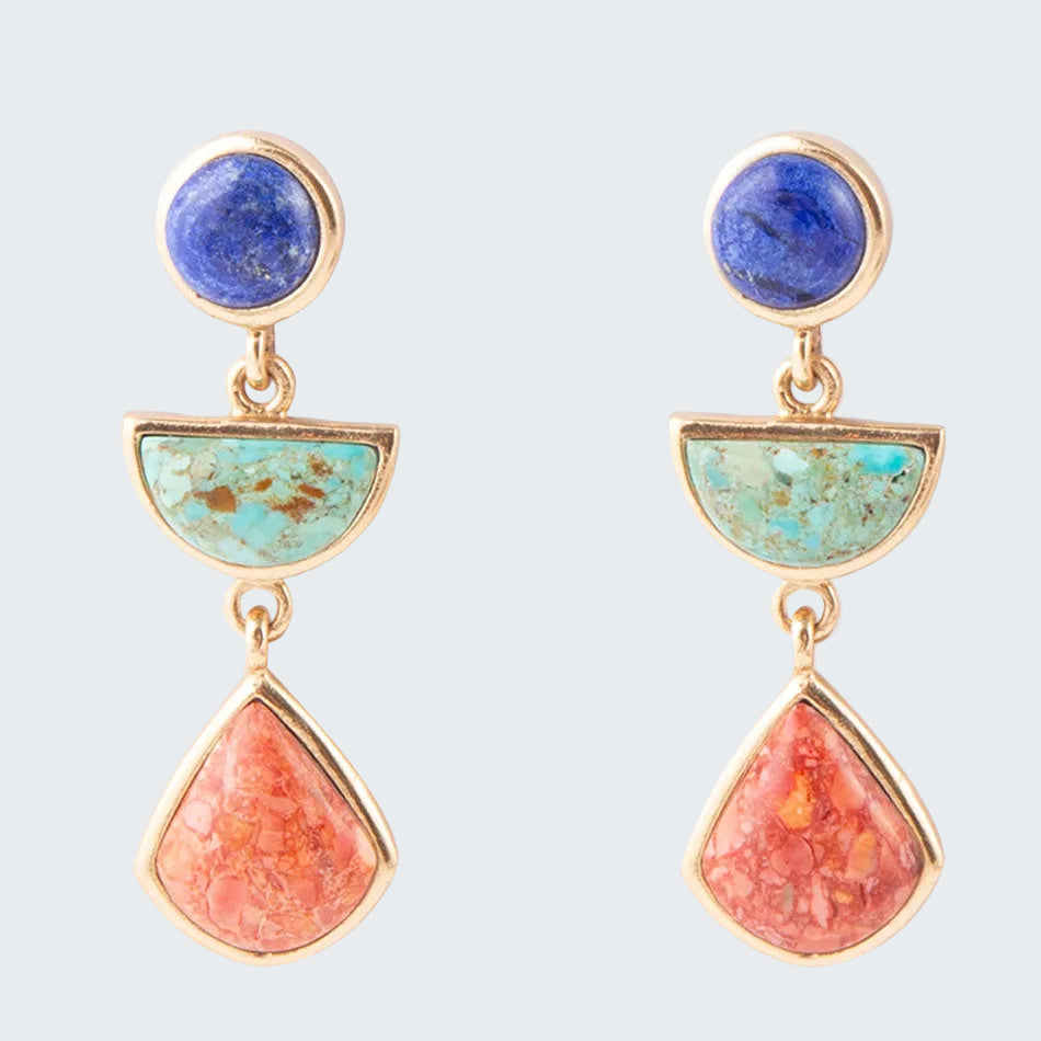 Pair of earrings with blue, turquoise, and coral stones on a white background