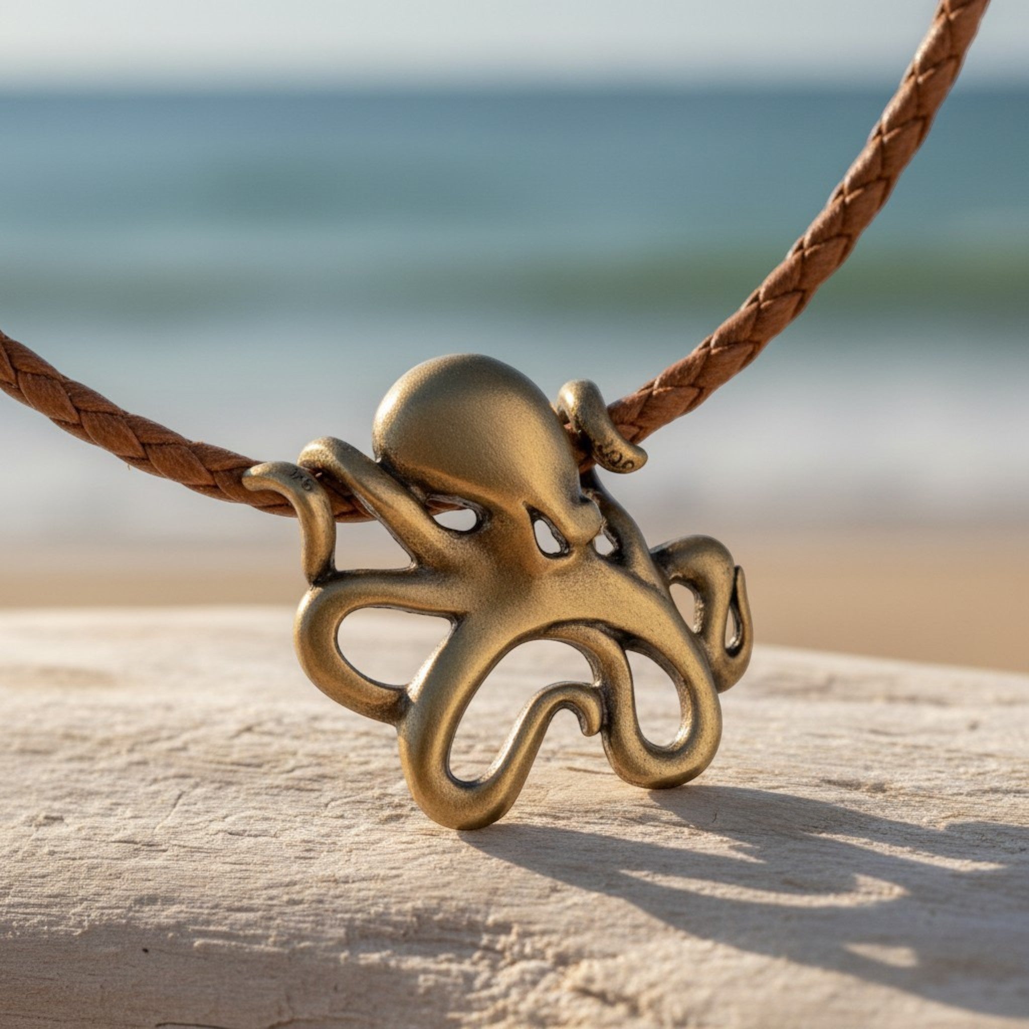 Bronze octopus pendant on a braided leather cord with a beach background