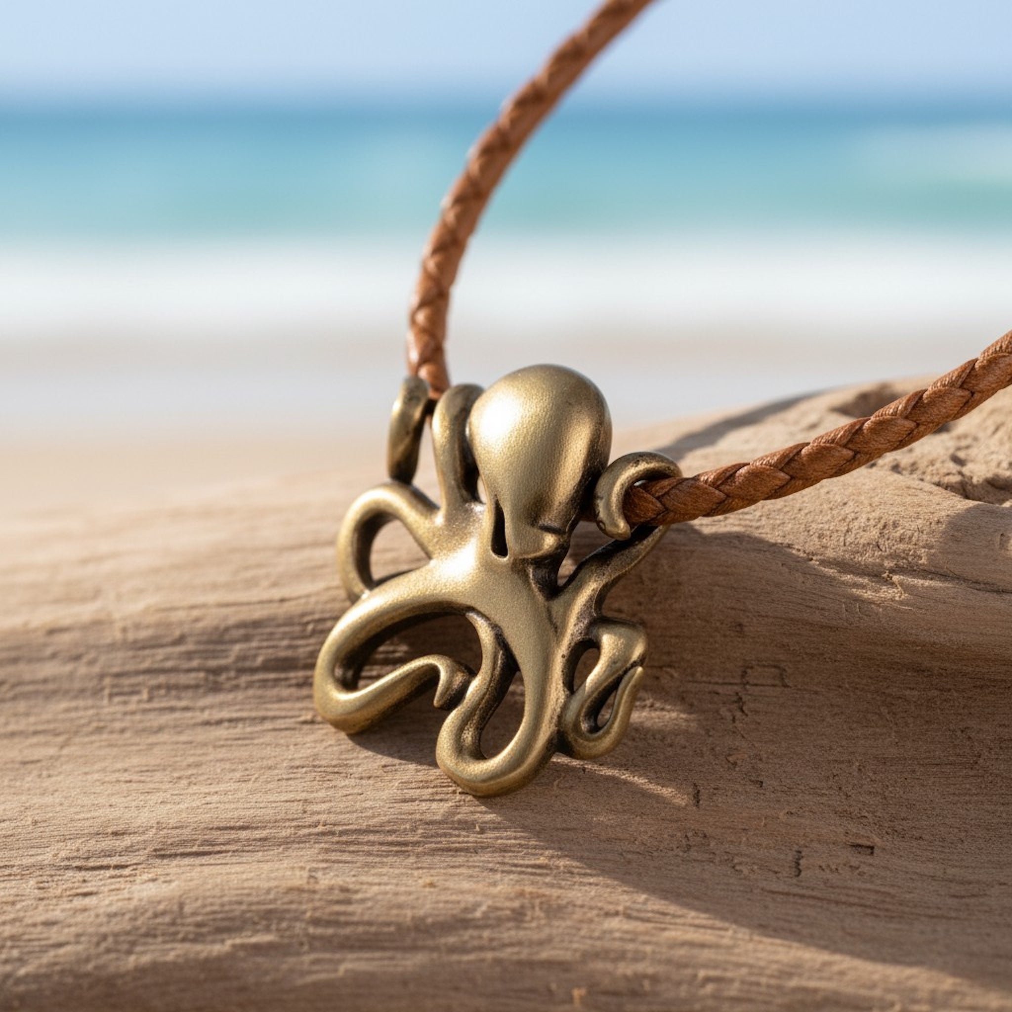 Bronze octopus pendant on a leather cord with a beach background