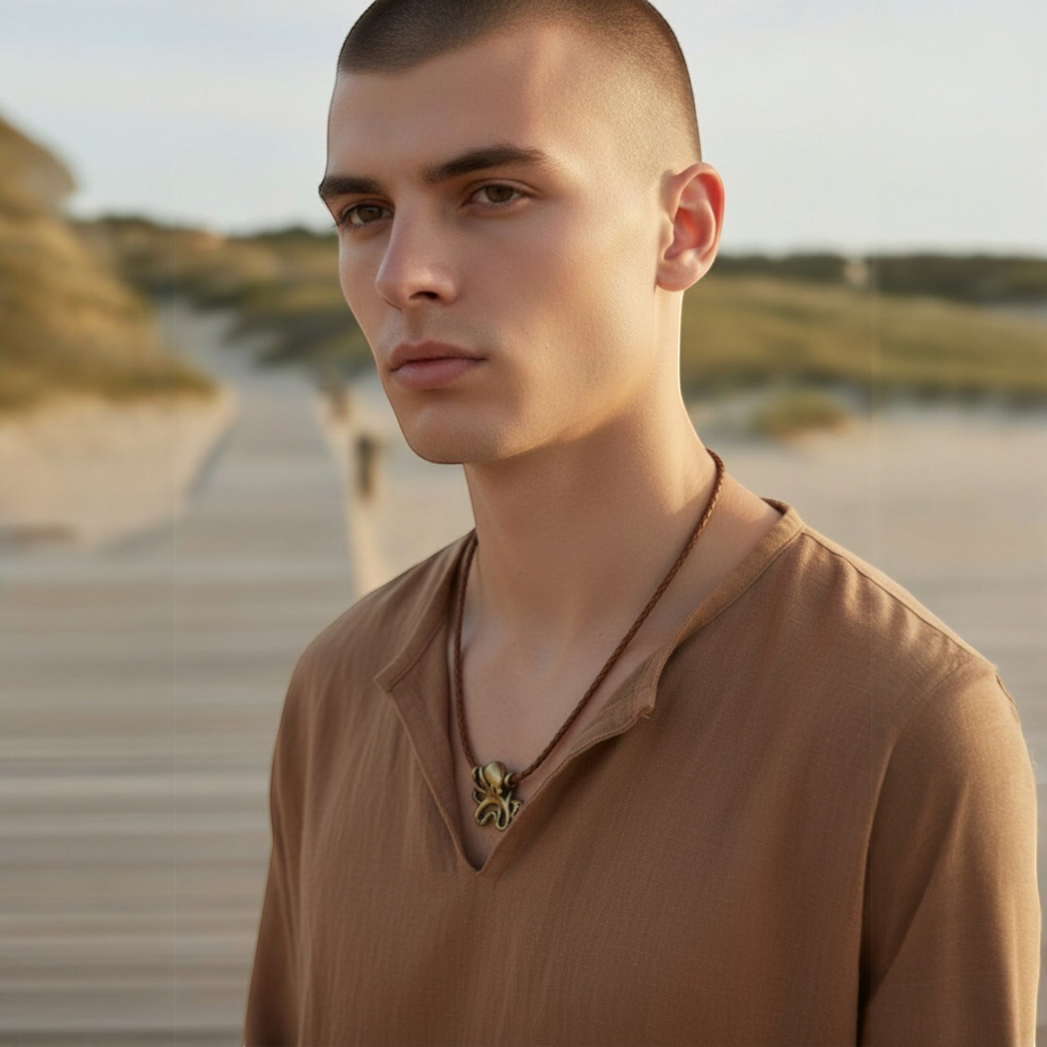 Man wearing a brown shirt with a necklace on a beach