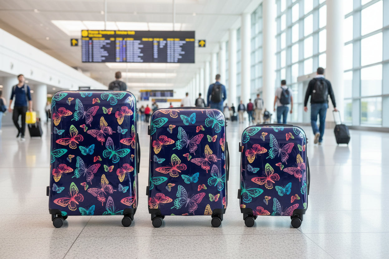 Three suitcases with colorful butterfly pattern on a white background