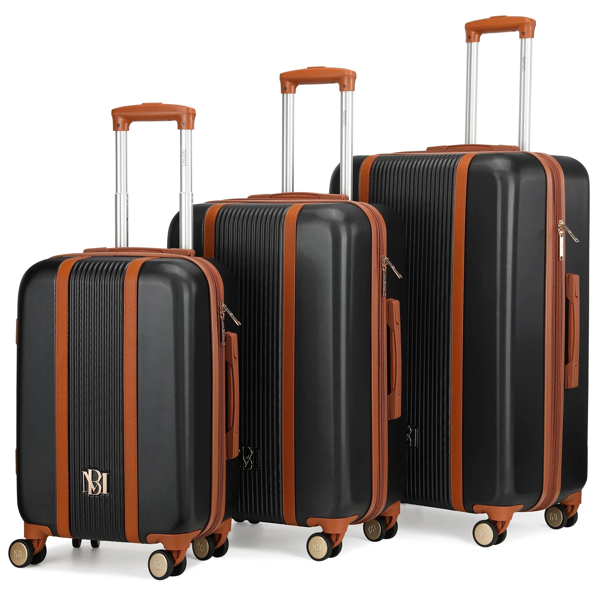 Set of three black suitcases with brown accents on a white background