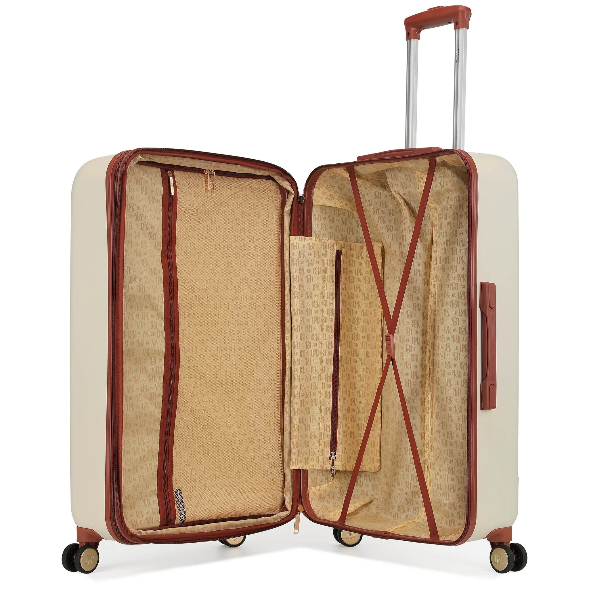 Beige suitcase with open lid showing interior on a white background