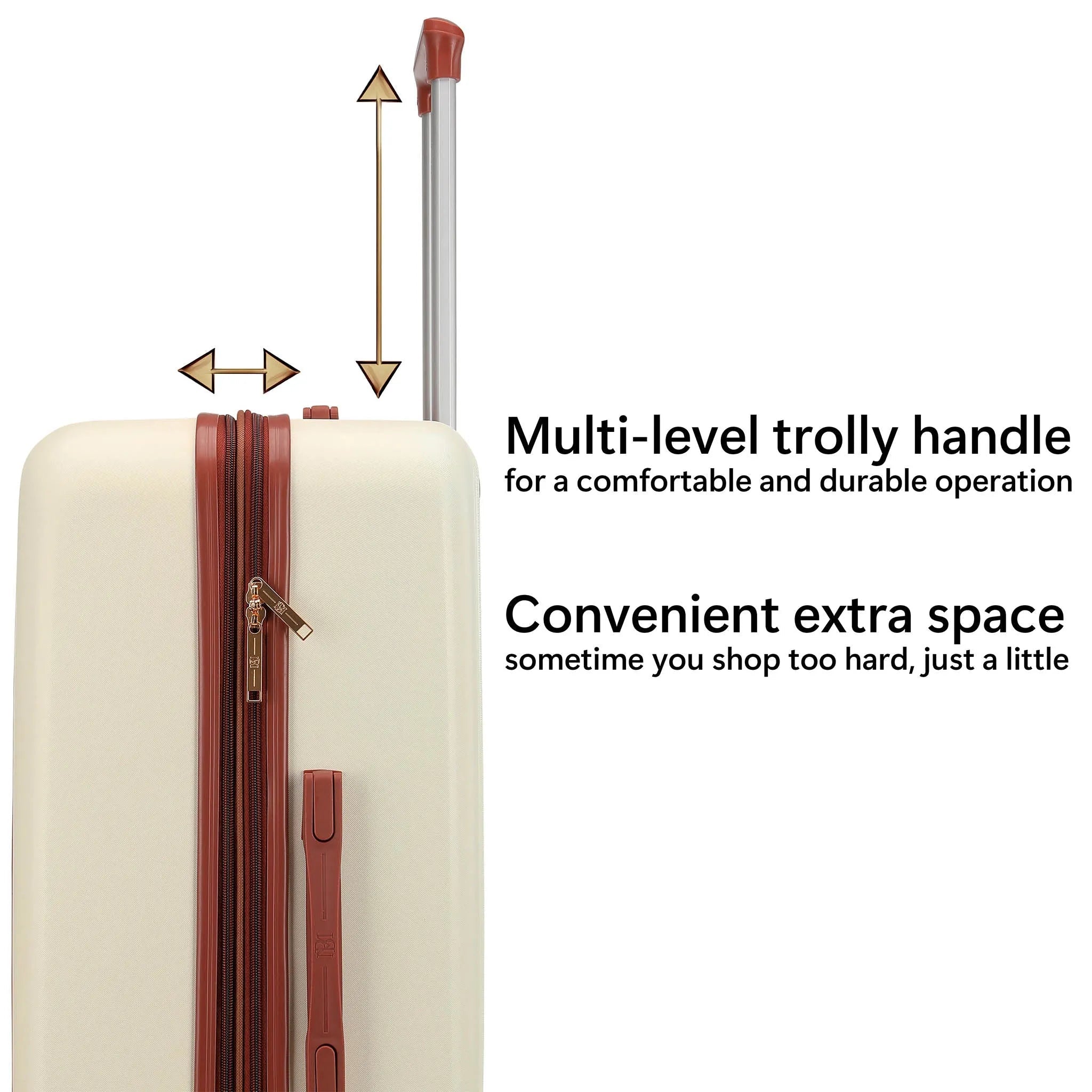 Beige suitcase with multi-level trolley handle and text on a white background